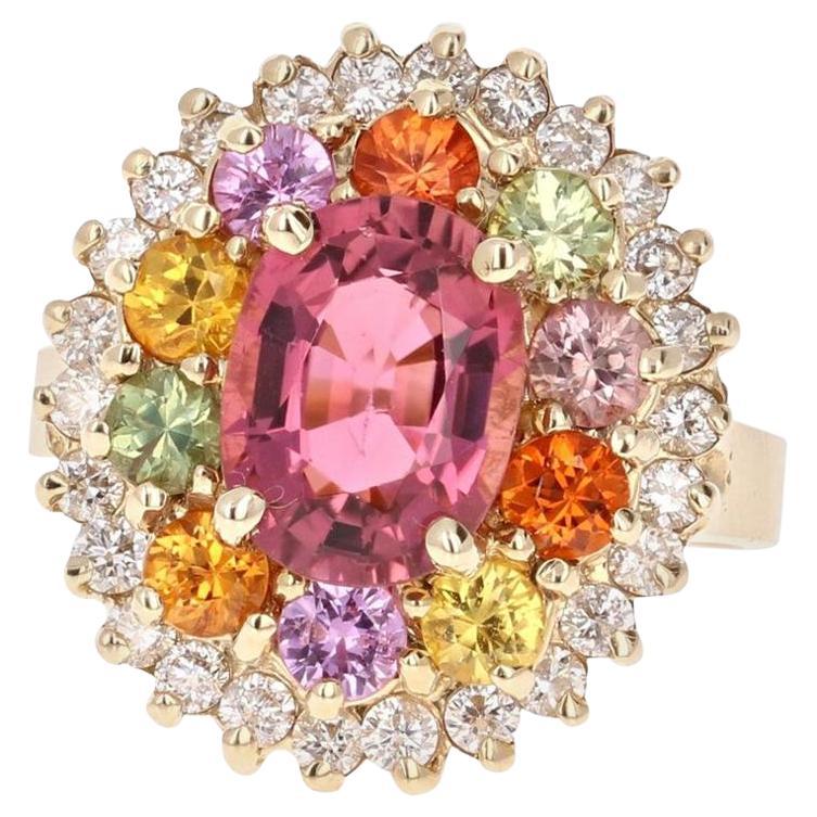 4.53 Carat Natural Tourmaline Sapphire Diamond Yellow Gold Cocktail Ring