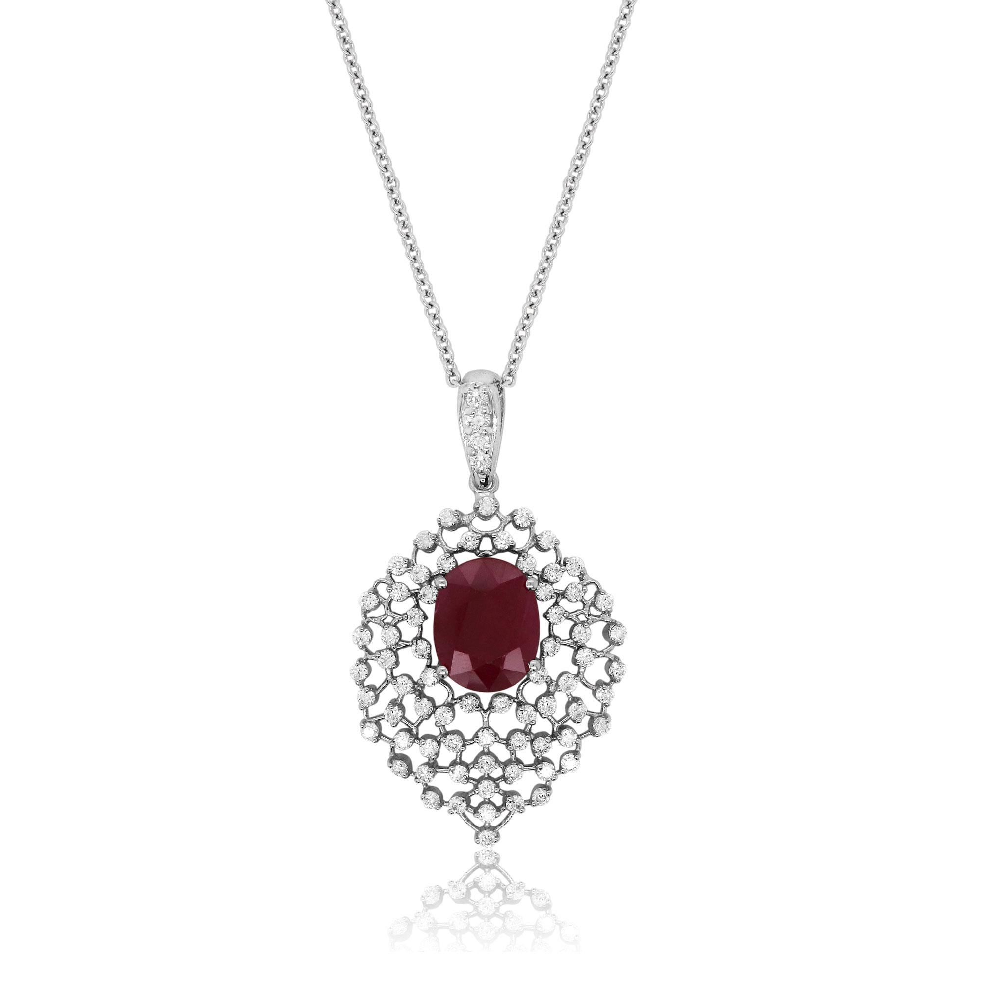 14K White Gold
1 Oval Shaped Ruby at 4.53 Carats
70 Brilliant Round White Diamonds at 1.20 Carats - Clarity: SI / Color: H-I

Fine one-of-a-kind craftsmanship meets incredible quality in this breathtaking piece of jewelry. 

All pieces are made in