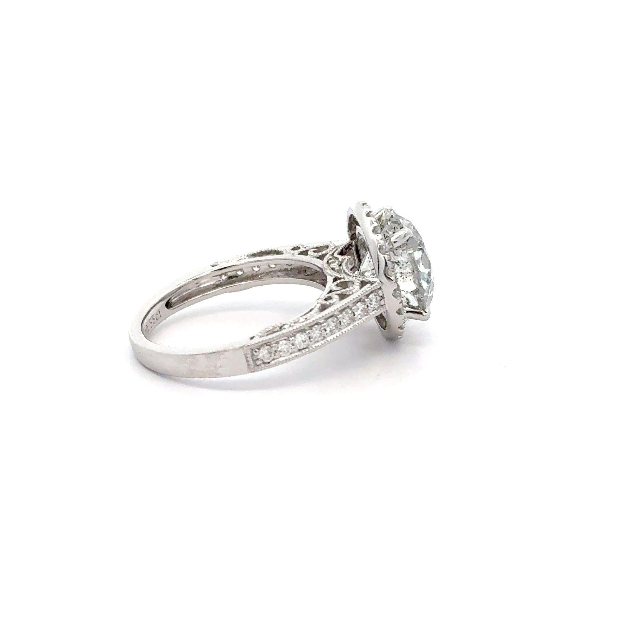 Contemporary 4.53 Carat Round Cut Diamond 18K White Floral Halo Engagement Ring For Sale