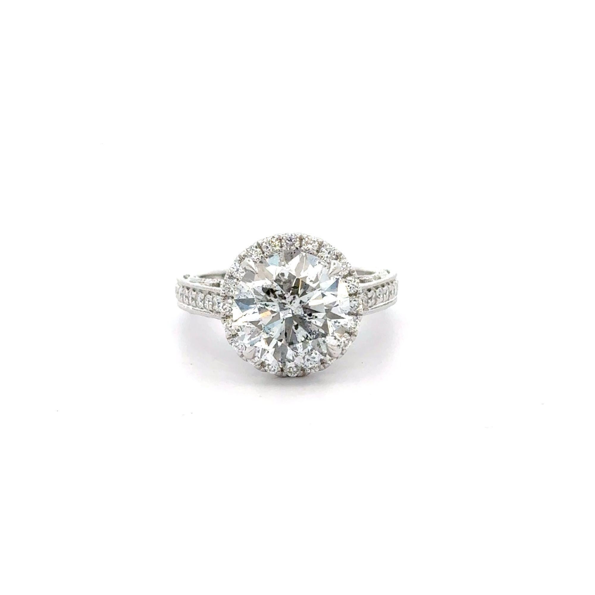 4.53 Carat Round Cut Diamond 18K White Floral Halo Engagement Ring In New Condition For Sale In Miami, FL