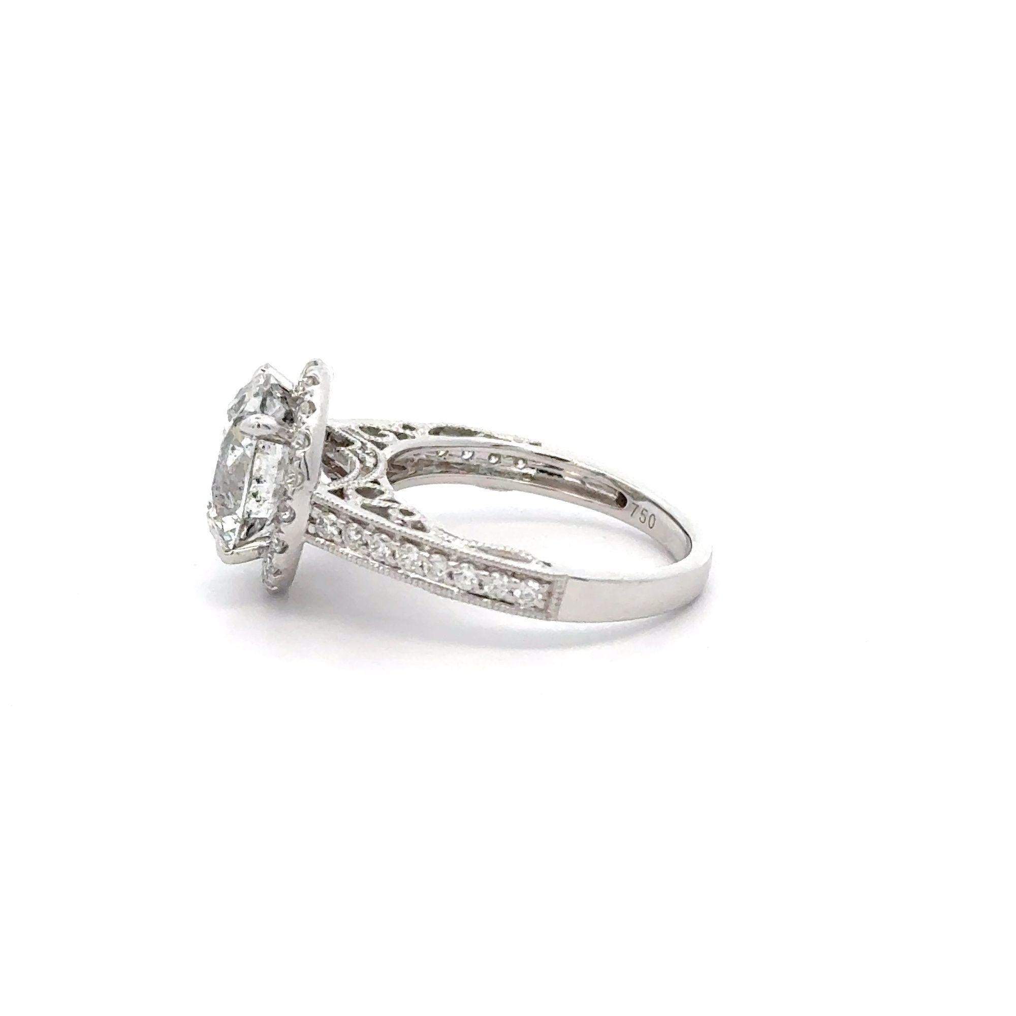 Women's 4.53 Carat Round Cut Diamond 18K White Floral Halo Engagement Ring For Sale