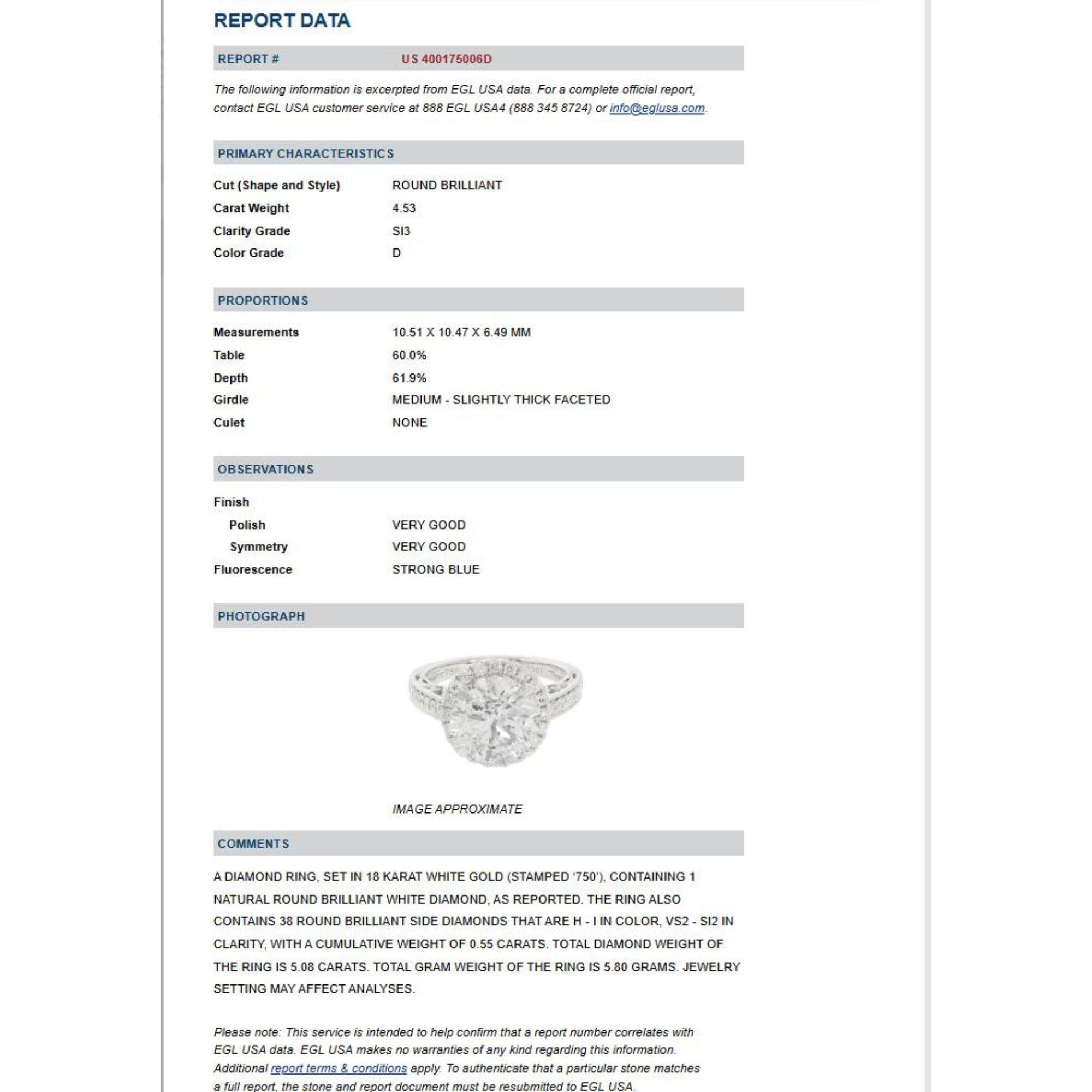 4.53 Carat Round Cut Diamond 18K White Floral Halo Engagement Ring For Sale 1