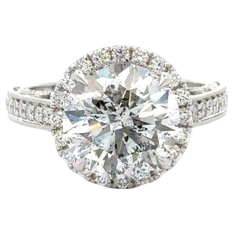 4.53 Carat Round Cut Diamond 18K White Floral Halo Engagement Ring For Sale