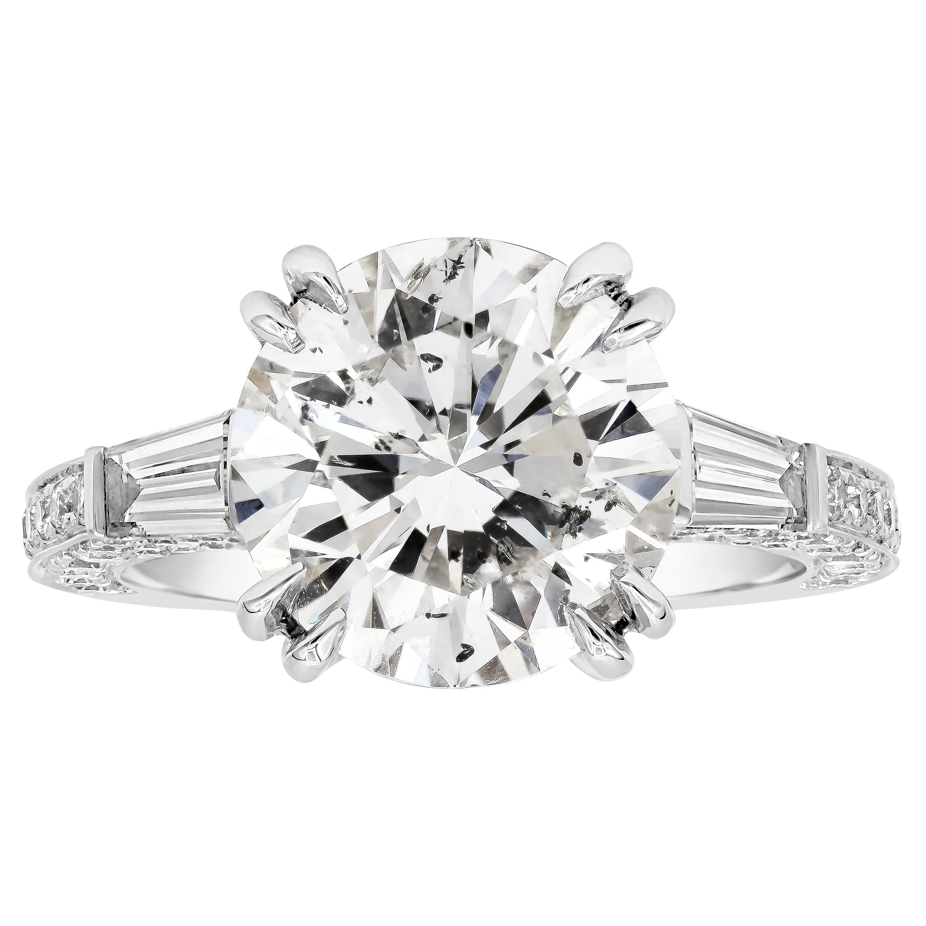 4.53 Carats Brilliant Round and Baguette Diamond Three Stone Engagement Ring For Sale