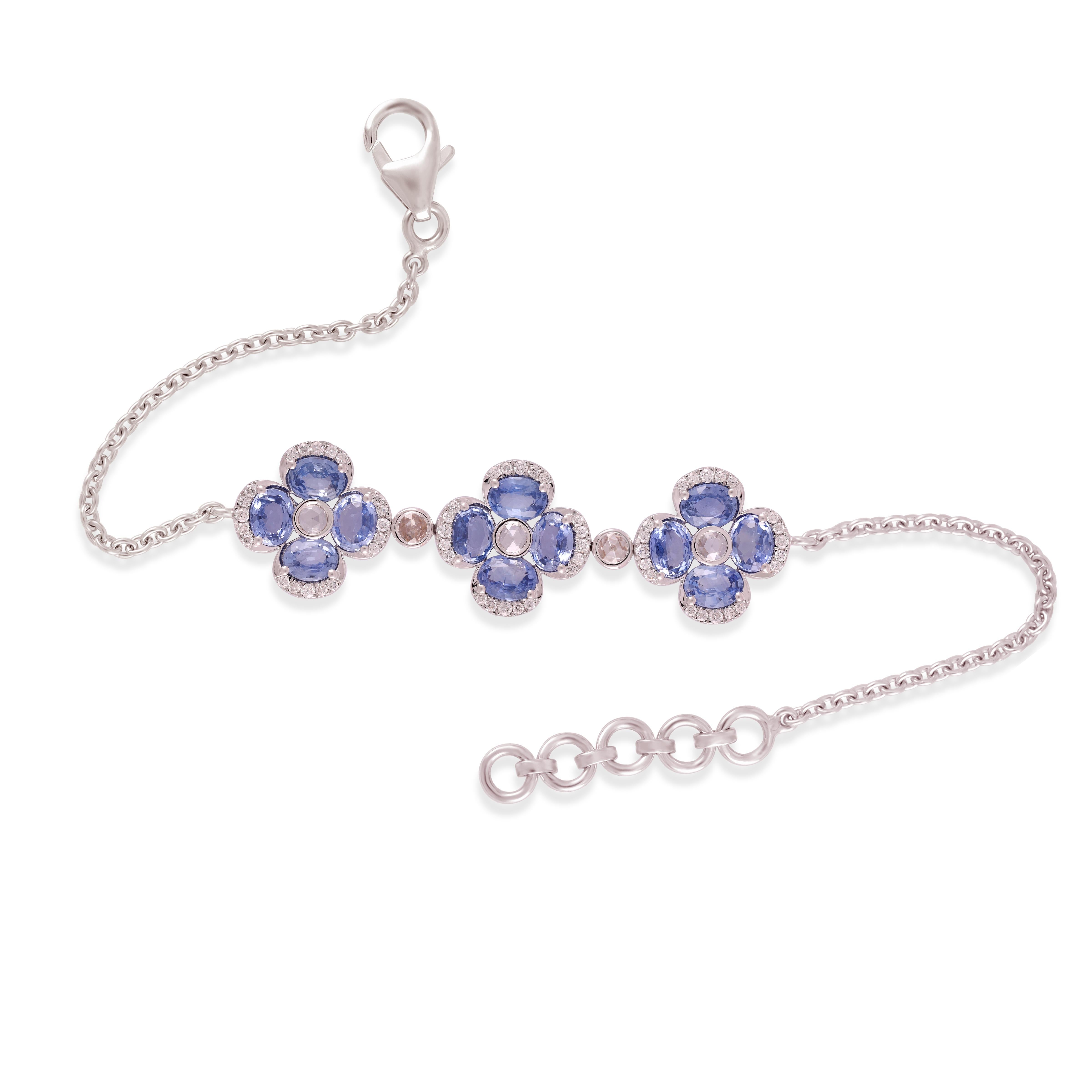 4.53 Carat Sapphire
 and Diamond  Bracelet in 18K White Gold

This magnificent Oval shape Sapphire Flower Bangle is incredulous. The solitaire Oval-shaped Oval-cut sapphires are beautifully With Single Rose cut Diamonds & Small Diamond making the