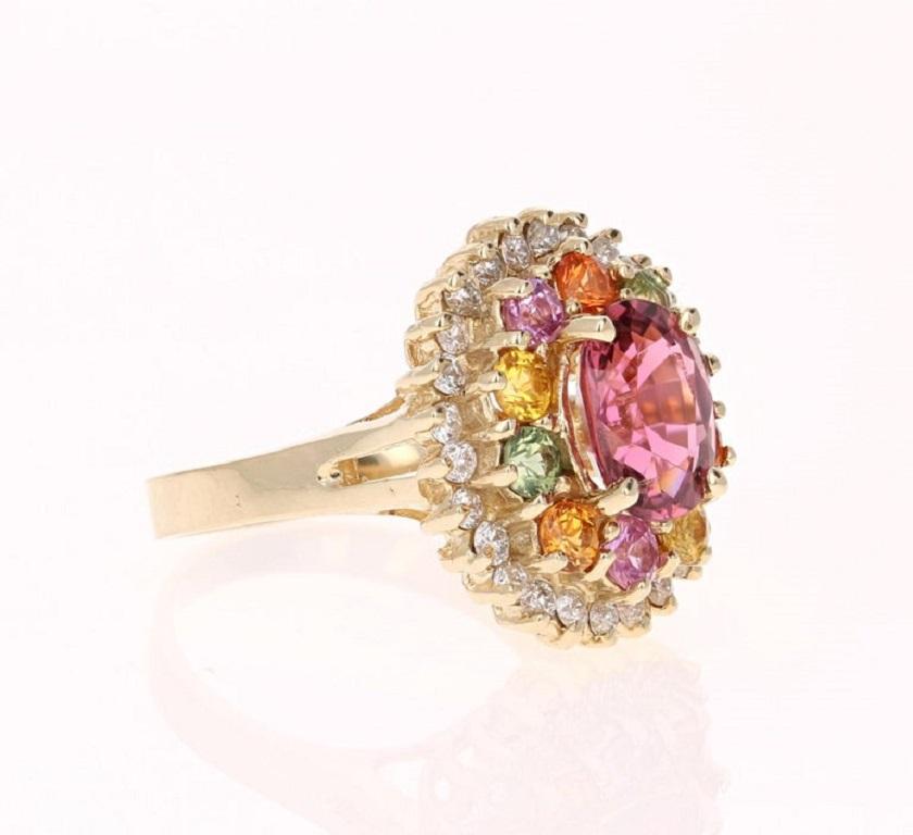 Contemporary 4.53 Carat Tourmaline Sapphire Diamond Yellow Gold Cluster Ring For Sale