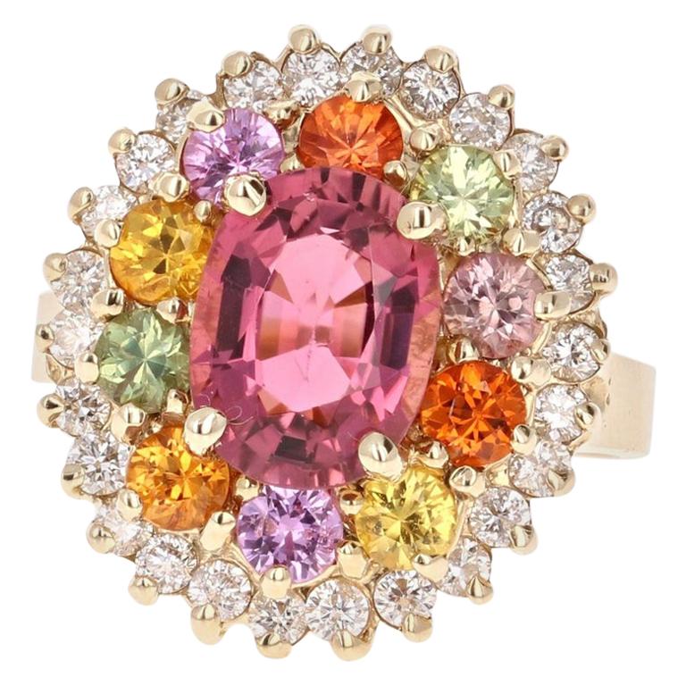 Anello a grappolo in oro giallo con tormalina, zaffiro e diamante da 4,53 carati in vendita