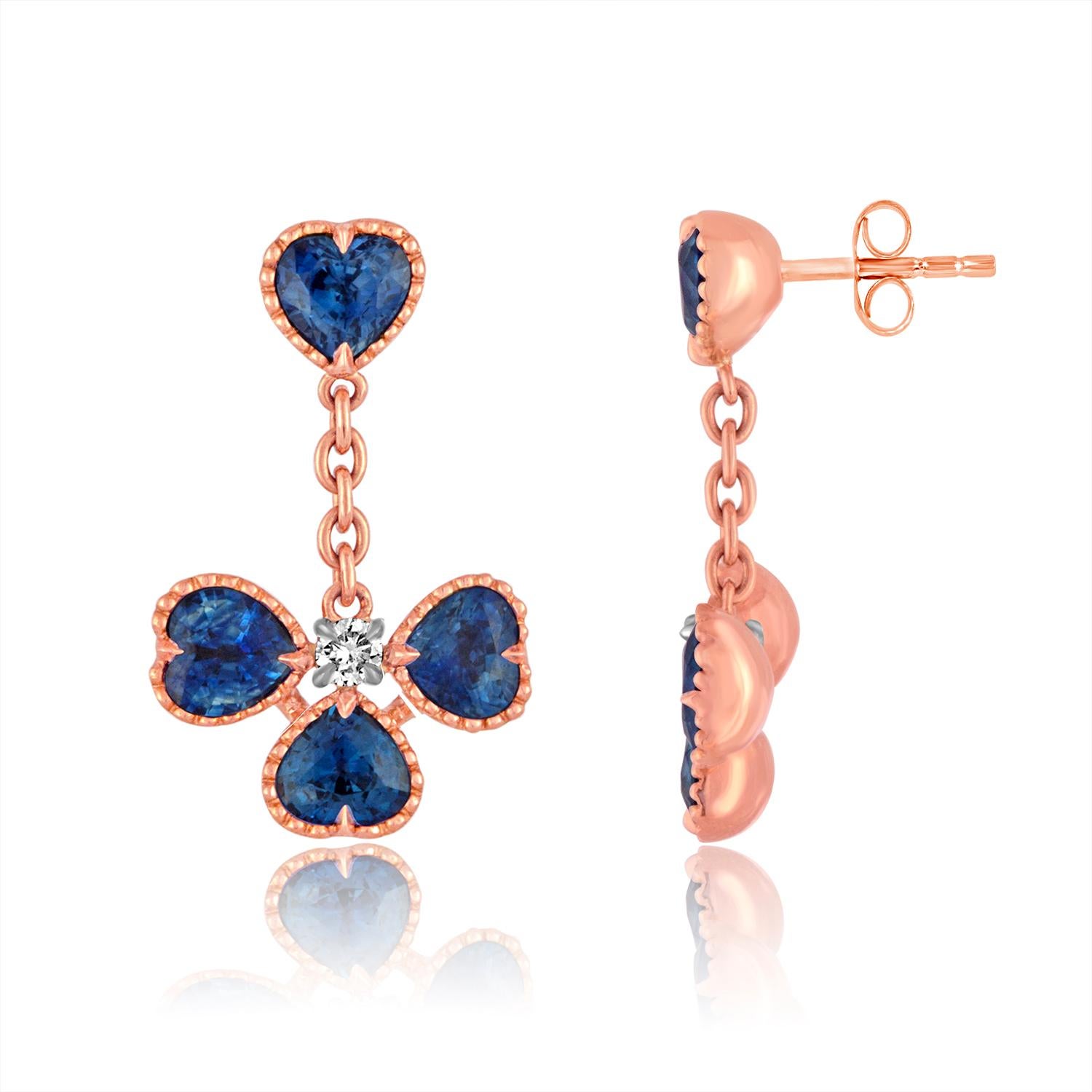 Contemporary 4.53 Carats Heart Shaped Sapphire Diamond Gold Dangle Earrings For Sale