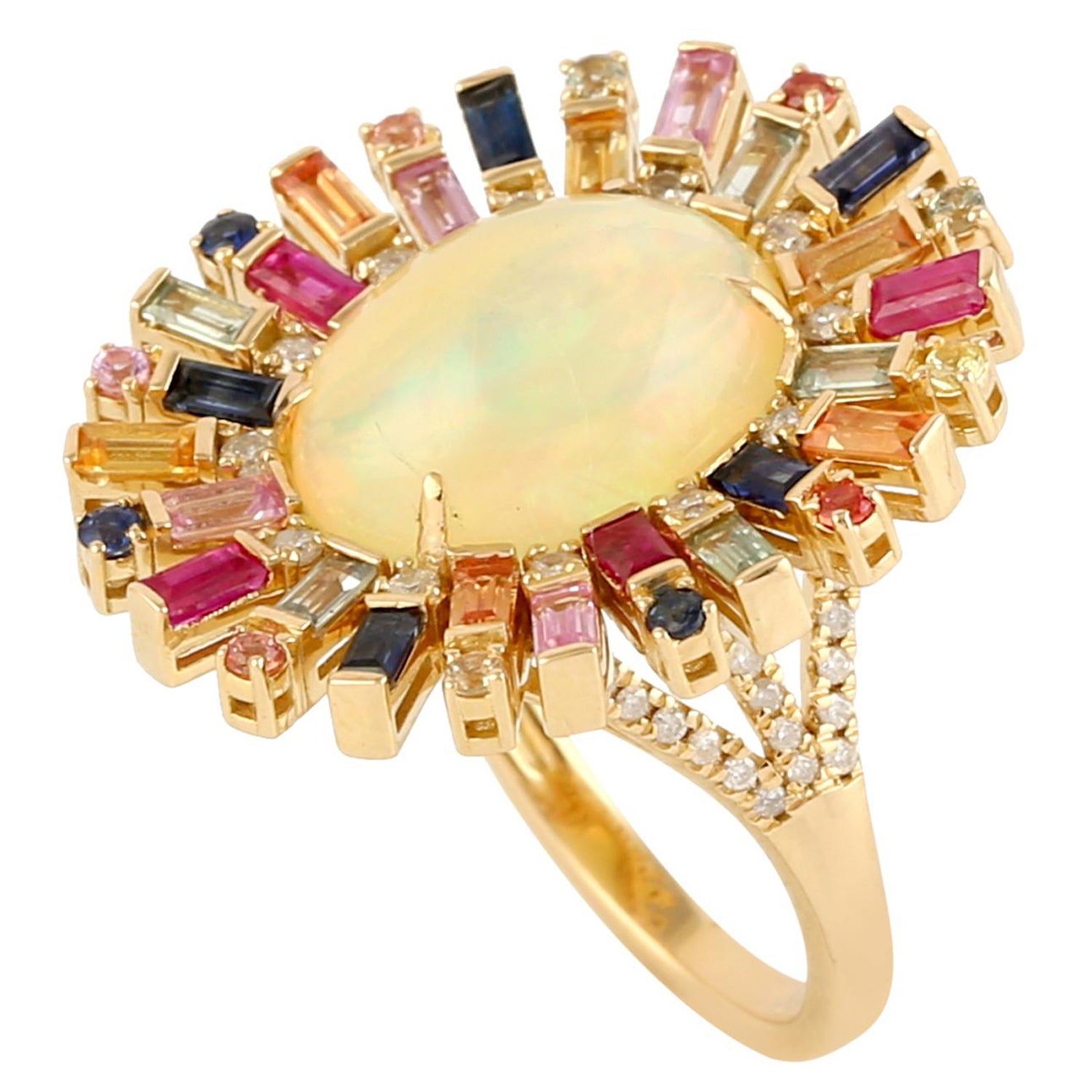 Bague en forme d'étoile en or 14 carats avec opale multi- saphirs et diamants 4,53 carats
