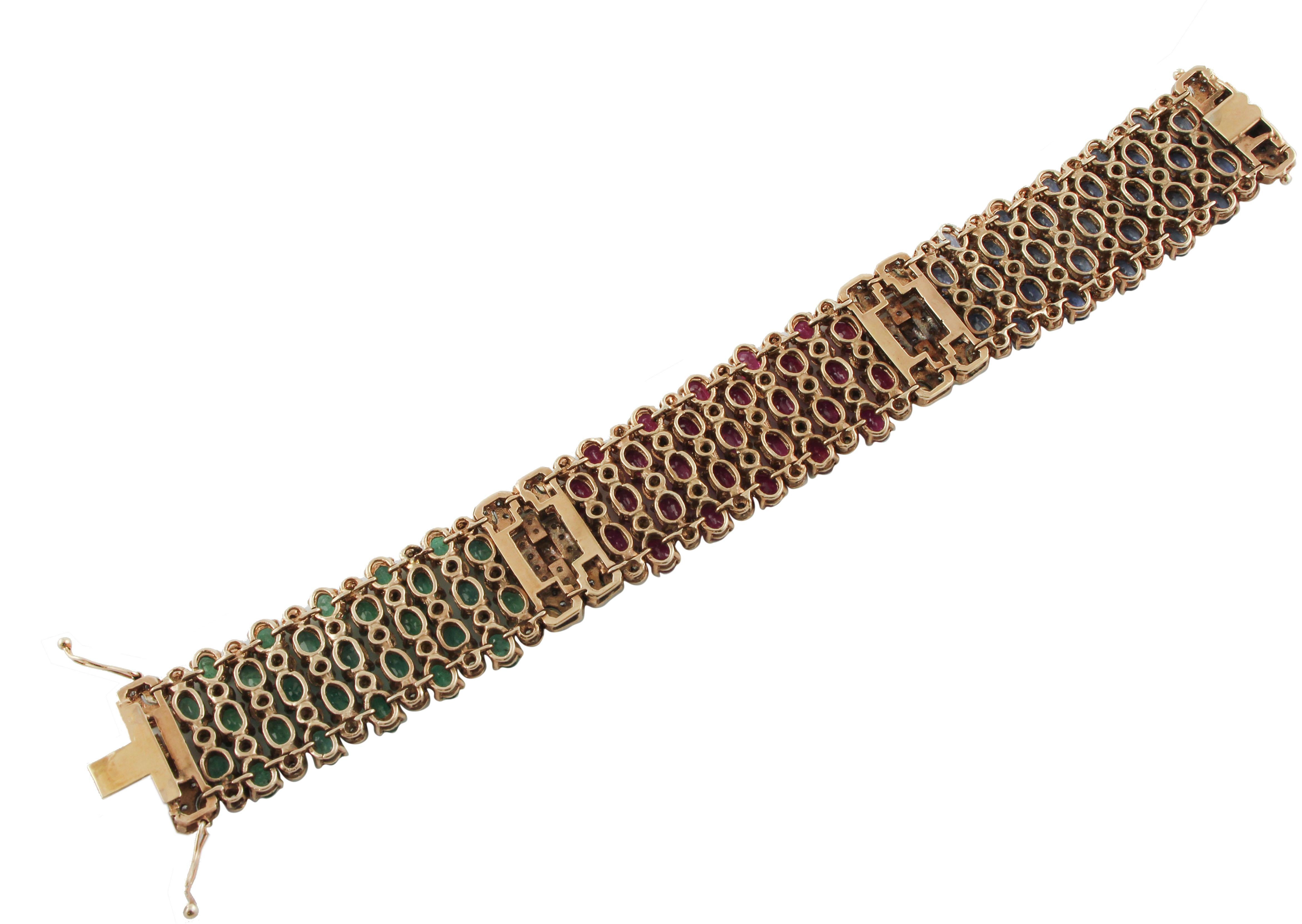 Brilliant Cut 45.30 ct Rubies, Emeralds, Sapphires, 4.95 ct Diamonds Rose Gold Silver Bracelet For Sale