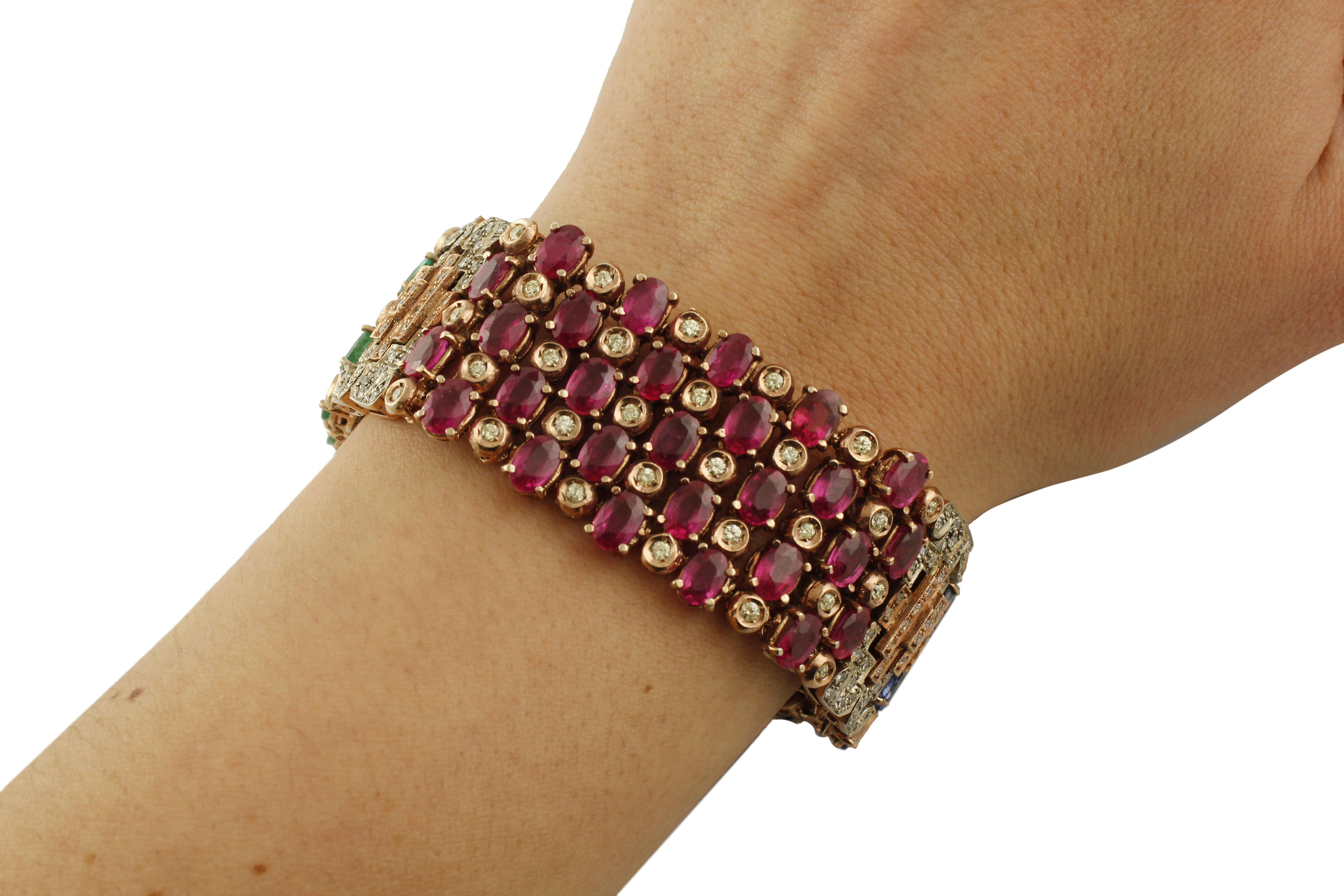 45.30 ct Rubies, Emeralds, Sapphires, 4.95 ct Diamonds Rose Gold Silver Bracelet For Sale 1