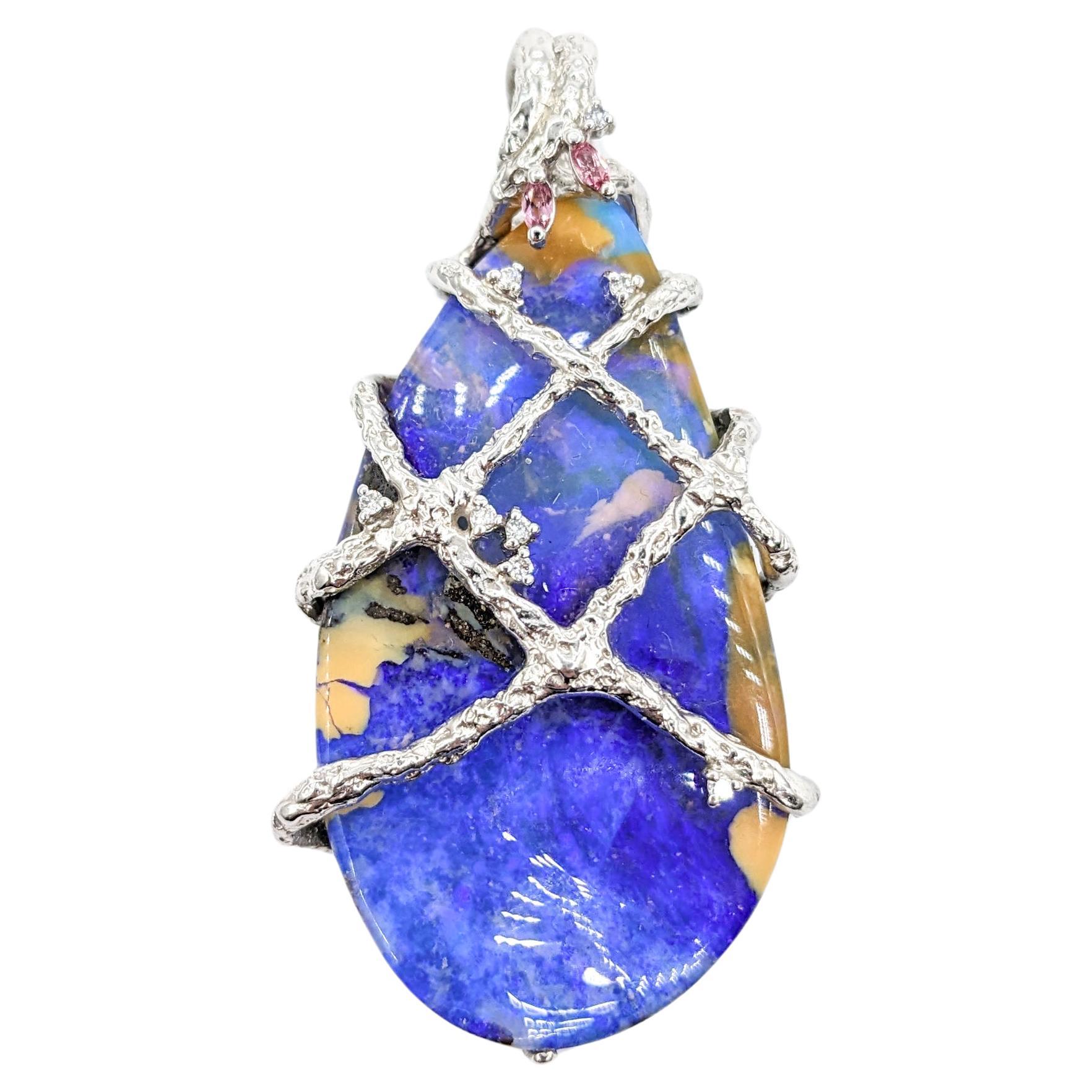 45.3ct Australian Boulder Opal & Diamonds & Pink Sapphire Pendant In Platinum For Sale