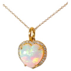 Collar de oro amarillo macizo de 18 K con ópalo natural en forma de corazón del amor de 4,53 qt