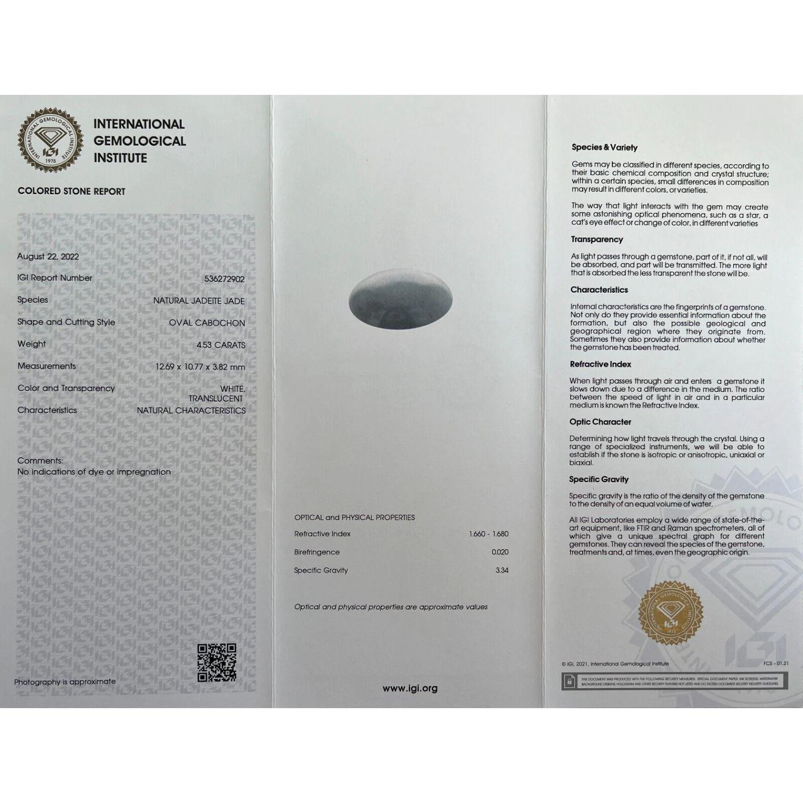 4.53ct White Jadeite Jade IGI Certified ‘A’ Grade Oval Cabochon Rare Gem For Sale 1