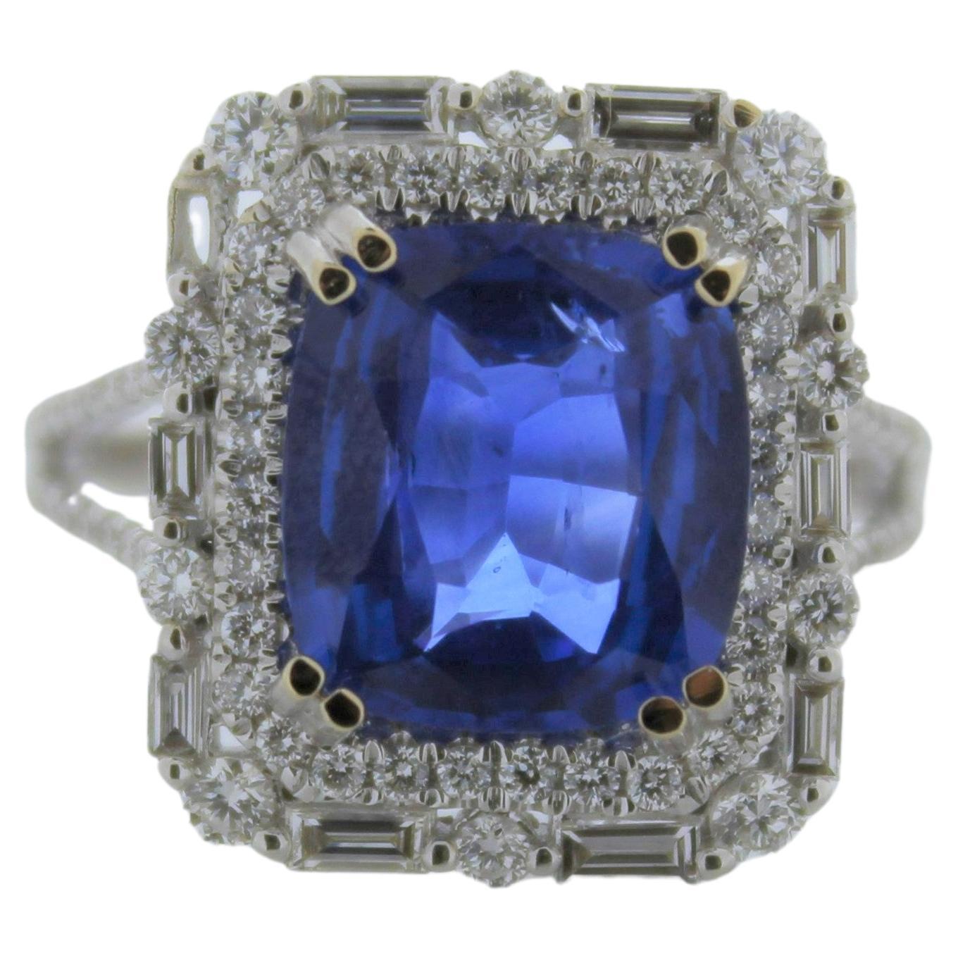 4.53ctw Blue Sapphire Cushion and 1.85ctw Diamond Ring in 18k White Gold For Sale