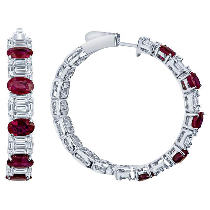 4.53ctw Oval Cut Rubies & 2.71ctw Baguette & Round Diamond Hoop Earrings For Sale