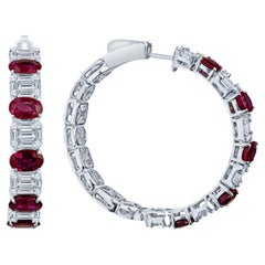 Créoles en rubis taille ovale de 4,53 carats et diamants ronds et baguettes de 2,71 carats