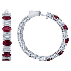 4.53ctw Oval Cut Rubies & 2.71ctw Baguette & Round Diamond Hoop Earrings