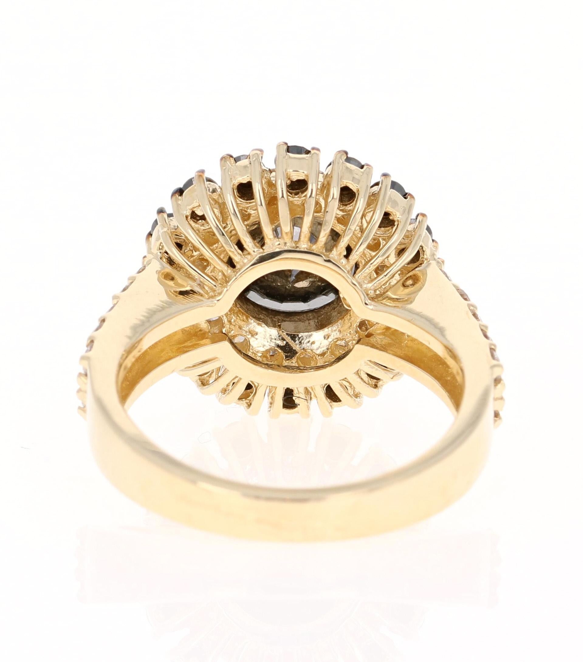 Round Cut 4.54 Carat Black and White Diamond Yellow Gold Engagement Ring
