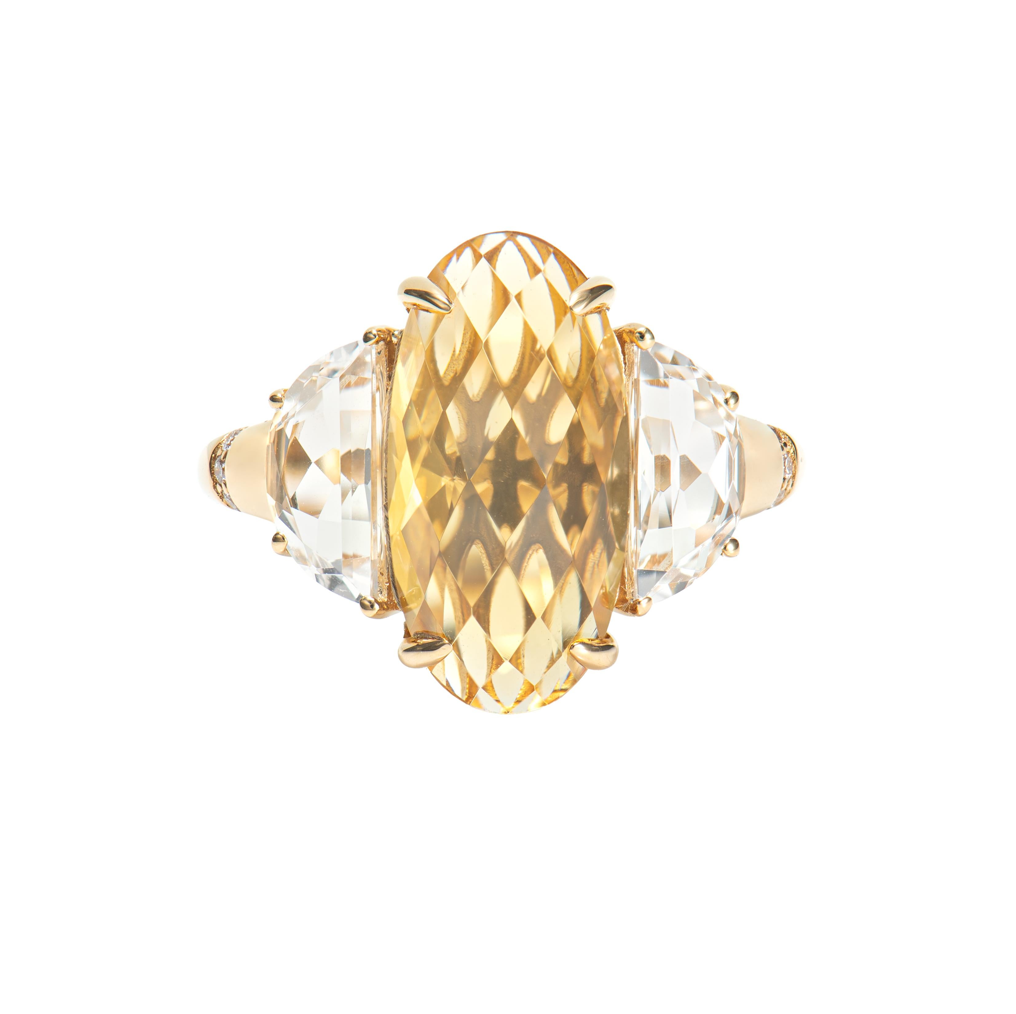 Contemporary 4.54 Carat Citrine Antique Ring in 18KYG with White Topaz and Diamond For Sale