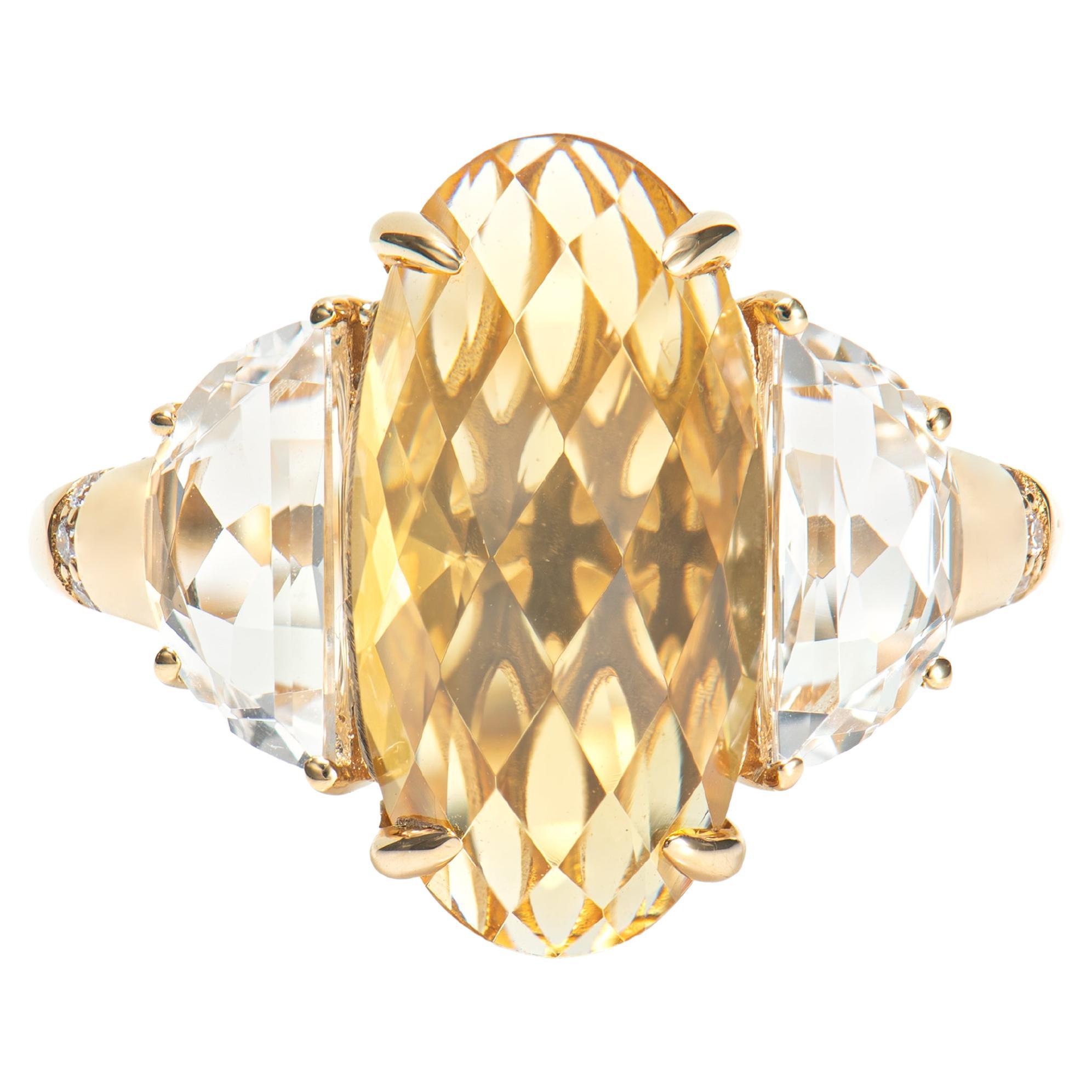 4.54 Carat Citrine Antique Ring in 18KYG with White Topaz and Diamond For Sale