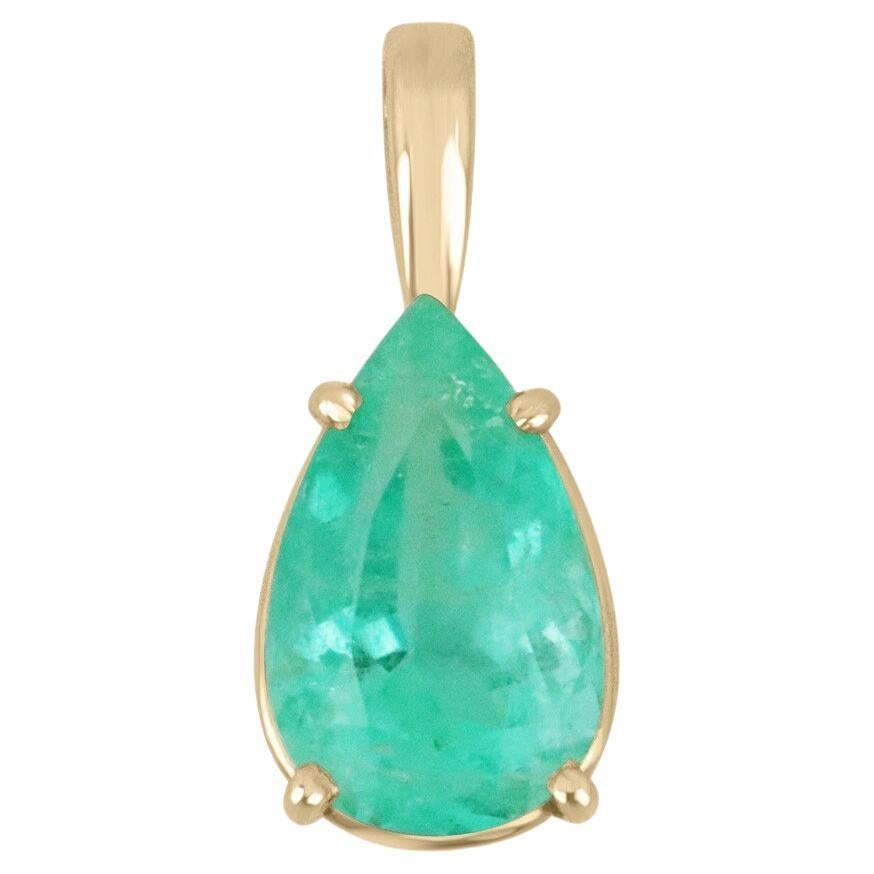 4.54 Carat Colombian Emerald Solitaire Pendant Pear Cut 14K Yellow Gold Necklace