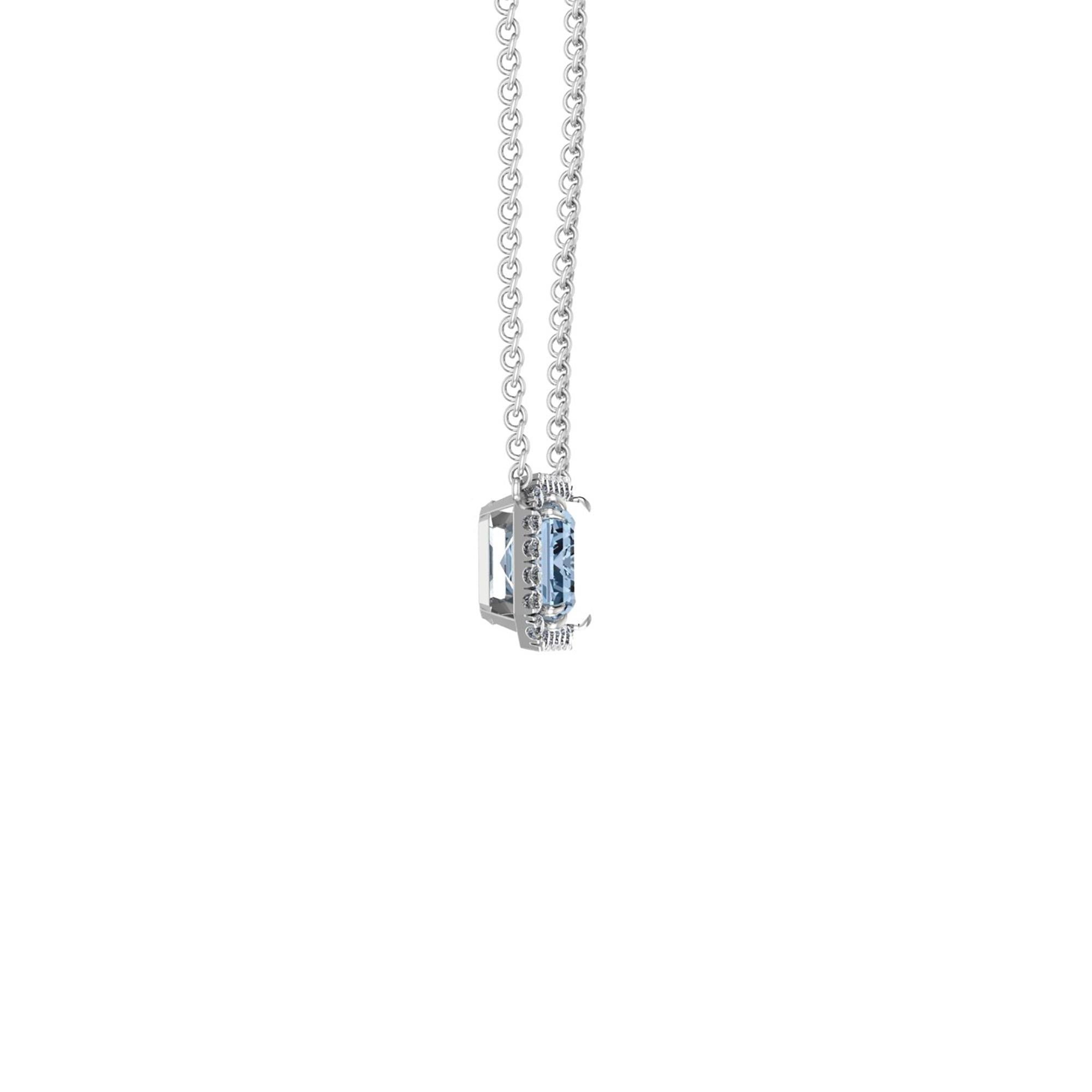 4.54 carat Aquamarine, emerald cut, very high quality color, eye clean gem, set in a made to perfection Platinum 950 double claw prongs with white diamond Halo of approximately 0.22 carat diamonds hand set.
The necklace length can be adjusted at 18