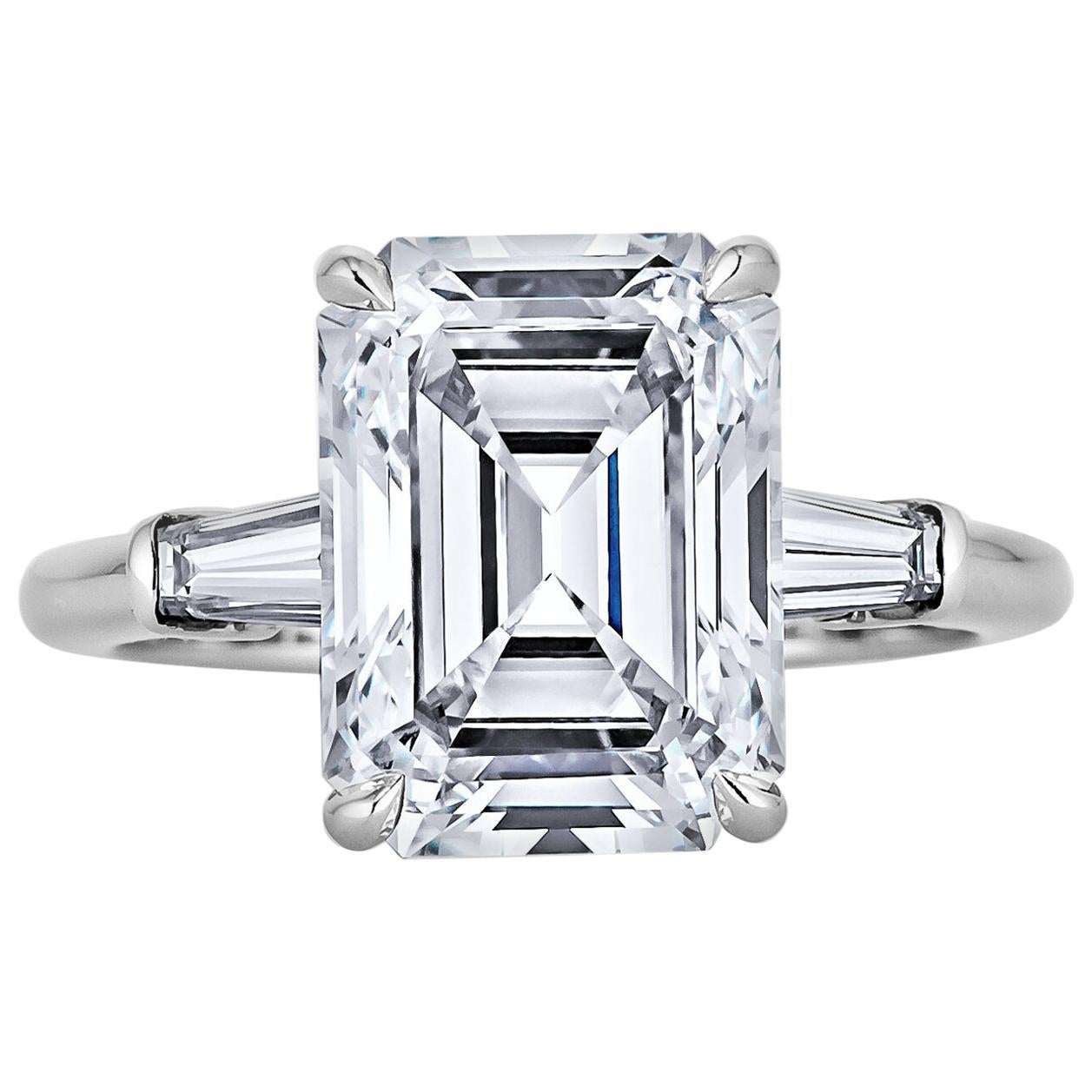 4.54 Carat Emerald Cut Diamond Platinum Engagement Ring For Sale