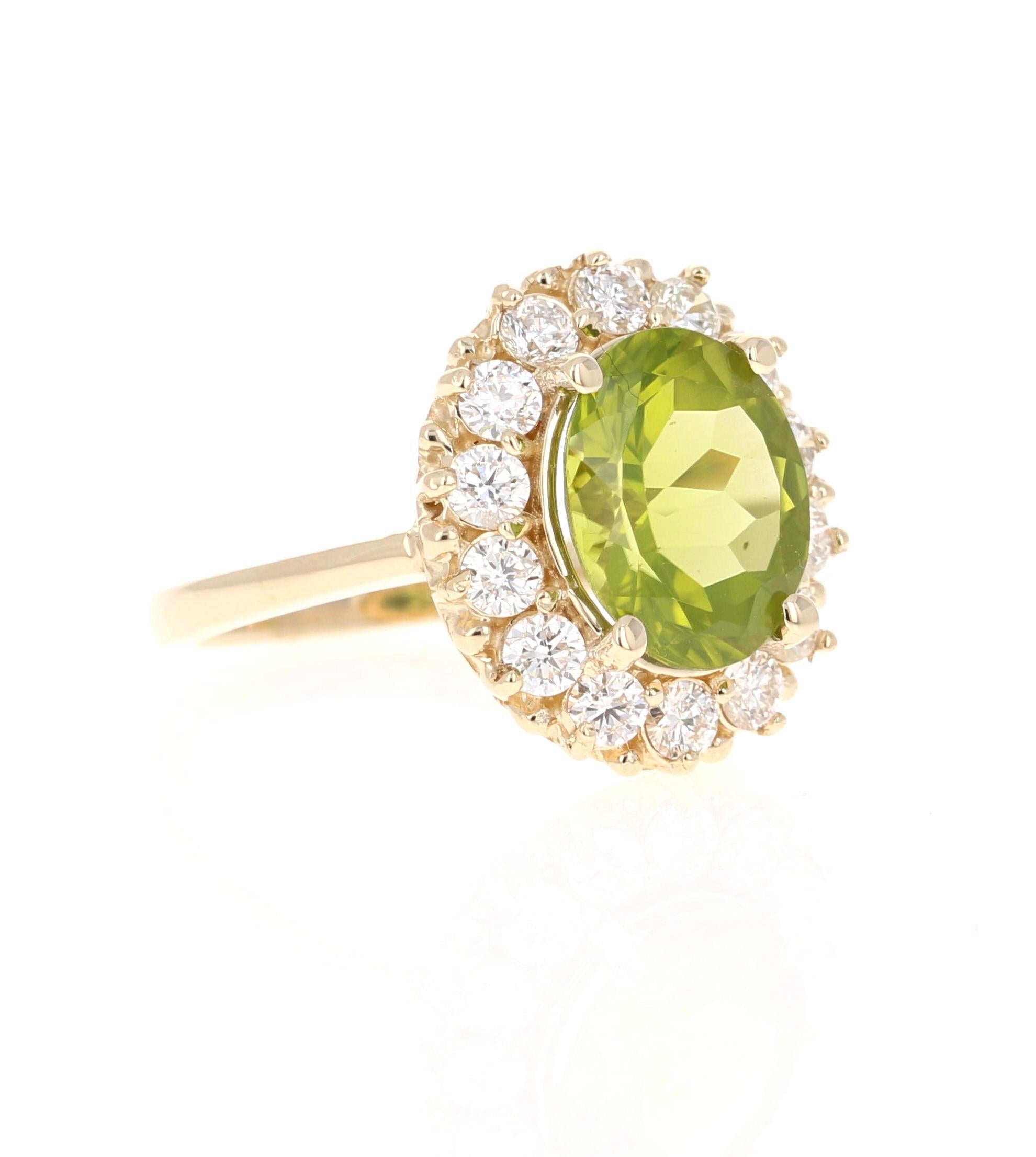 This Peridot and Diamond Ring has a 3.58 Carat Oval Cut Peridot set in the center and has 14 Round Cut Diamonds weighing 0.96 Carats.  The Clarity and Color of the diamonds is SI1/ F.
The total carat weight of the ring is 4.54 Carats. 

It is set in