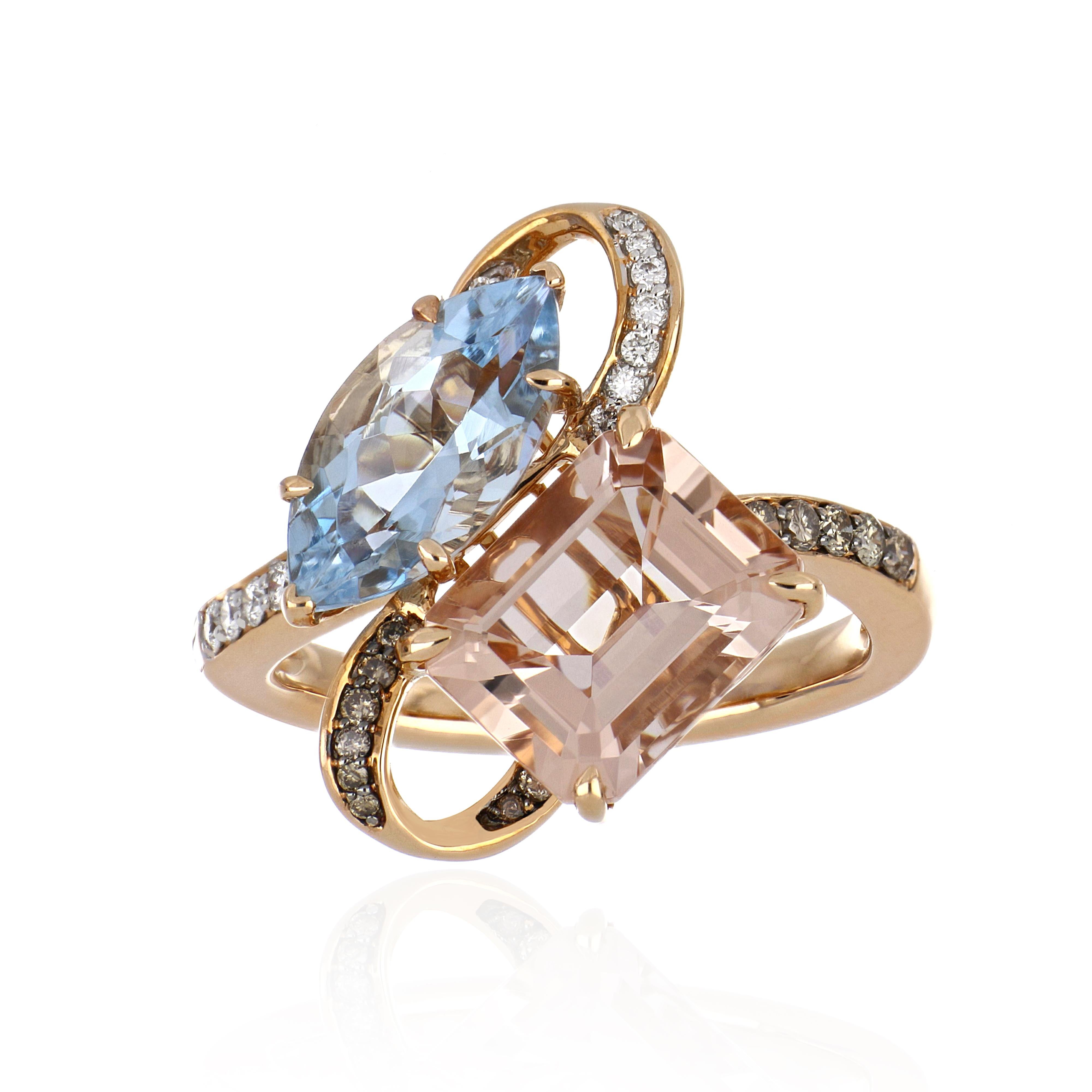 Octagon Cut 4.54 Carat Total Morganite and Aquamarine Ring with Diamonds 18 Karat Rose Gold For Sale