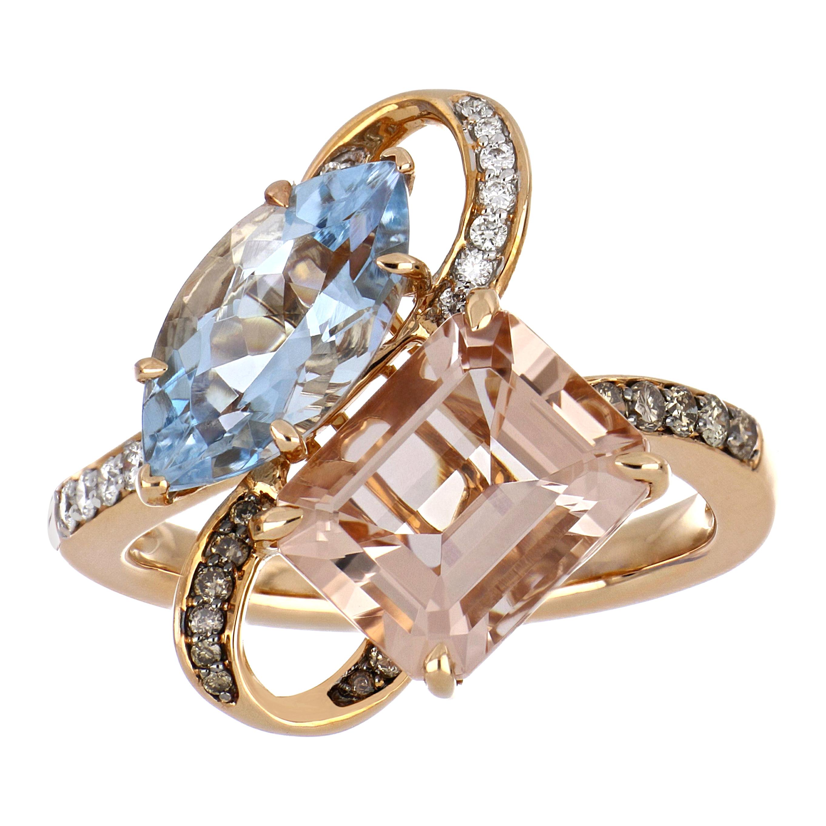 4.54 Carat Total Morganite and Aquamarine Ring with Diamonds 18 Karat Rose Gold For Sale