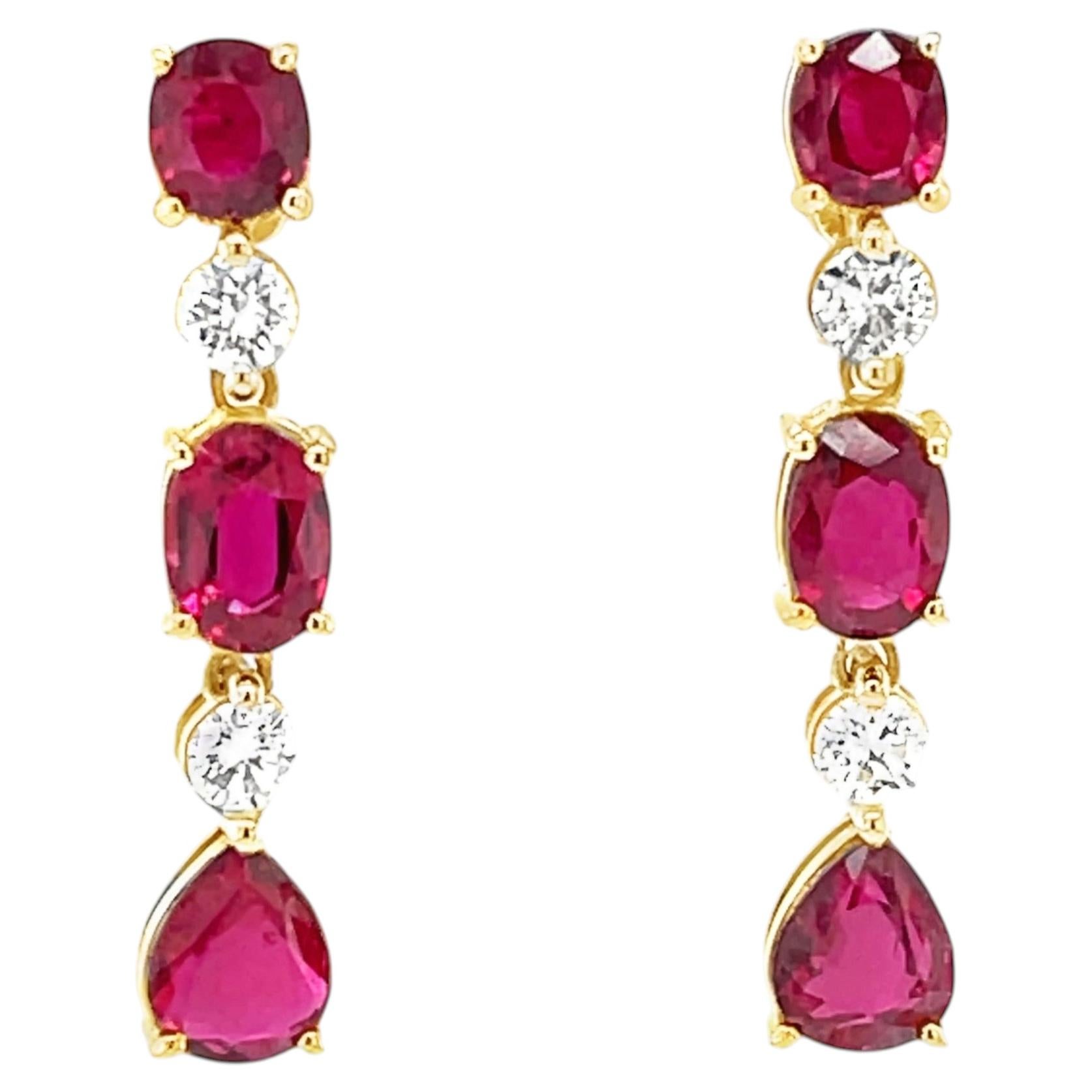 Artisan 18k Yellow Gold Ruby and Diamond Dangle Earrings, 4.54ct For Sale