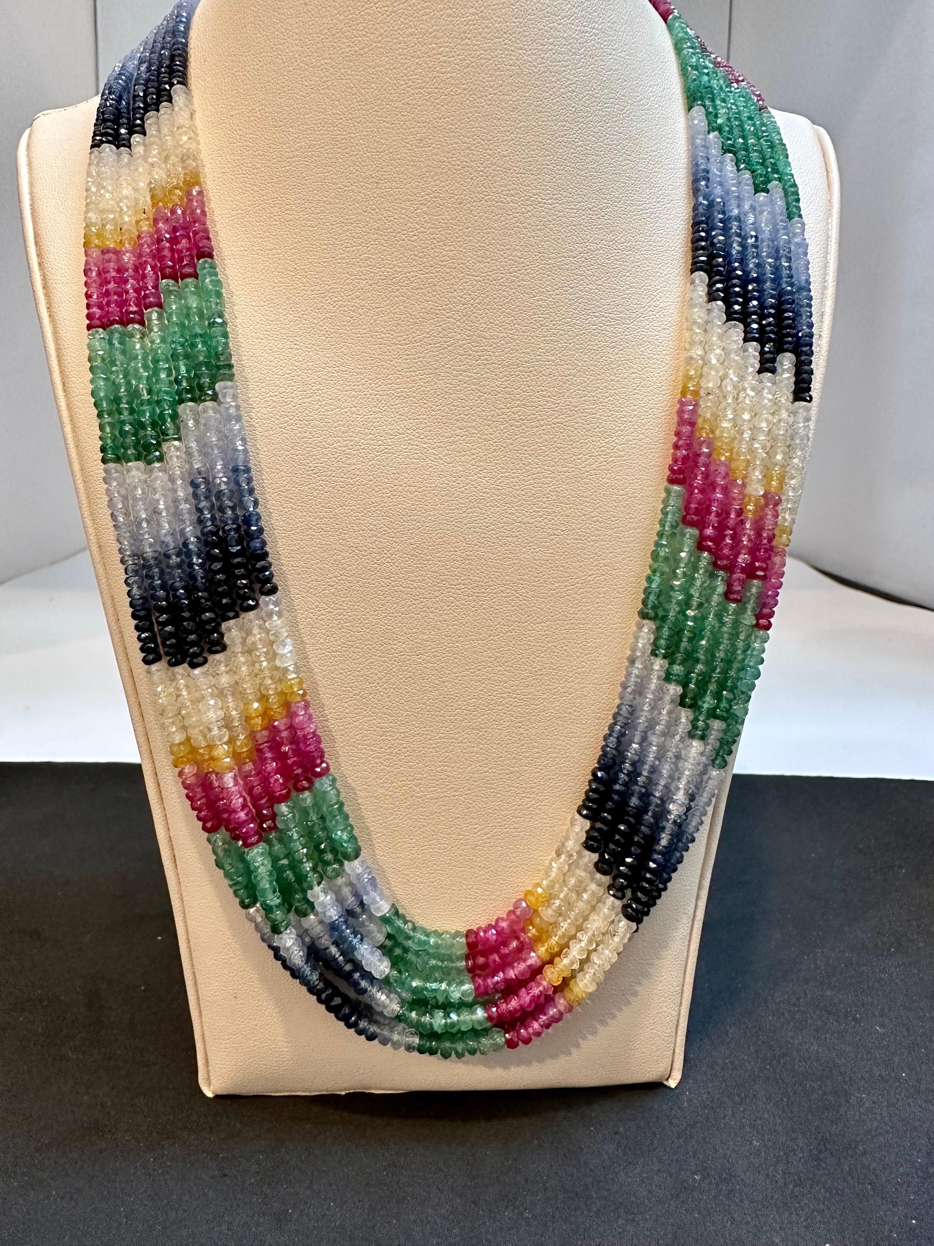 454 Carat 7 Layer Natural Emerald Ruby & Sapphire Bead Necklace Adjustable For Sale 6