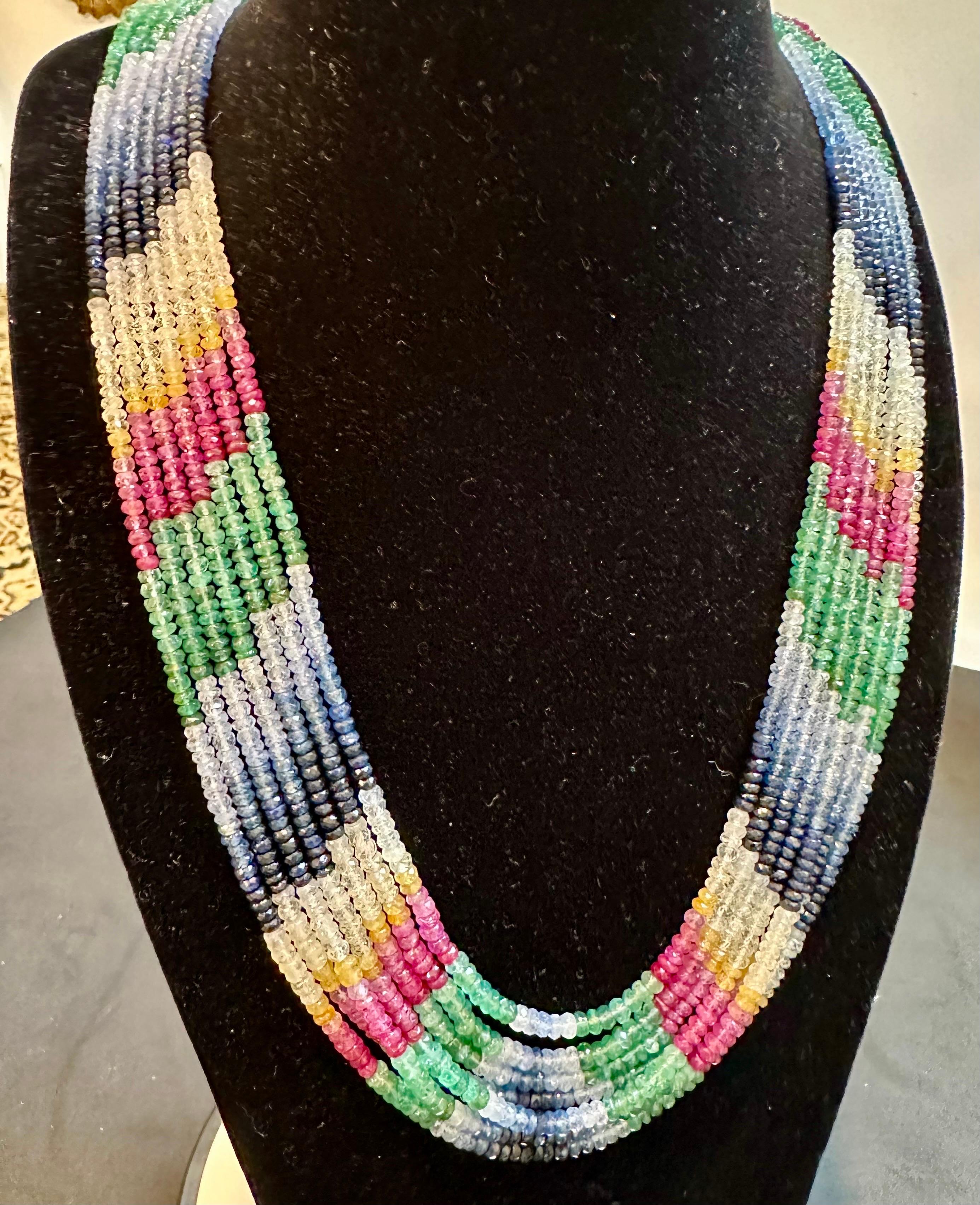 454 Carat 7 Layer Natural Emerald Ruby & Sapphire Bead Necklace Adjustable For Sale 7