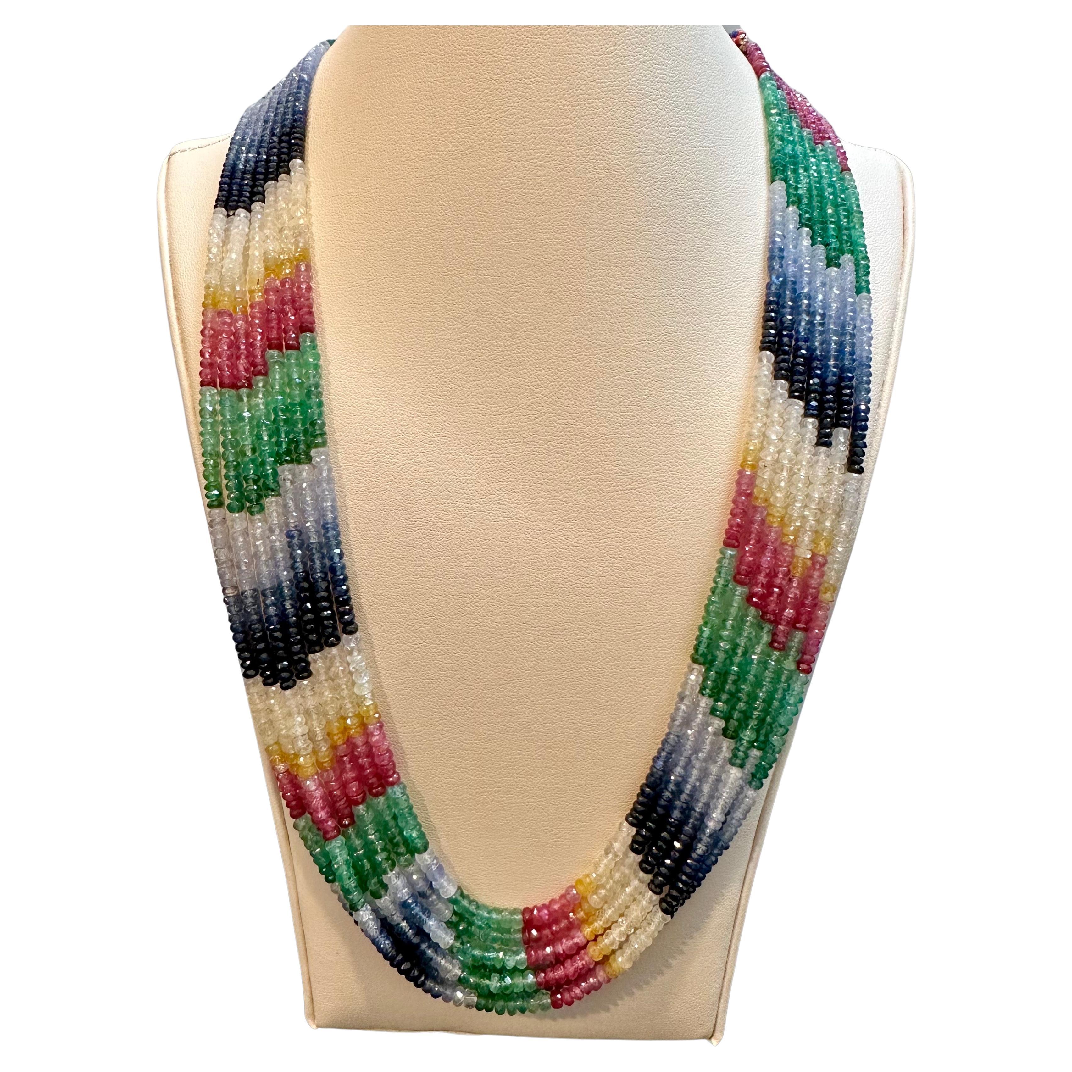 454 Carat 7 Layer Natural Emerald Ruby & Sapphire Bead Necklace Adjustable For Sale