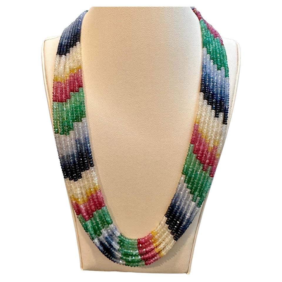 70ct Single Layer Natural Emerald Ruby and Sapphire Bead Necklace 14k ...
