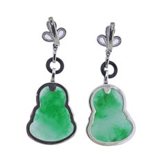 45.43ctw Carved Jadeite Jade Diamond Onyx Gold Drop Earrings