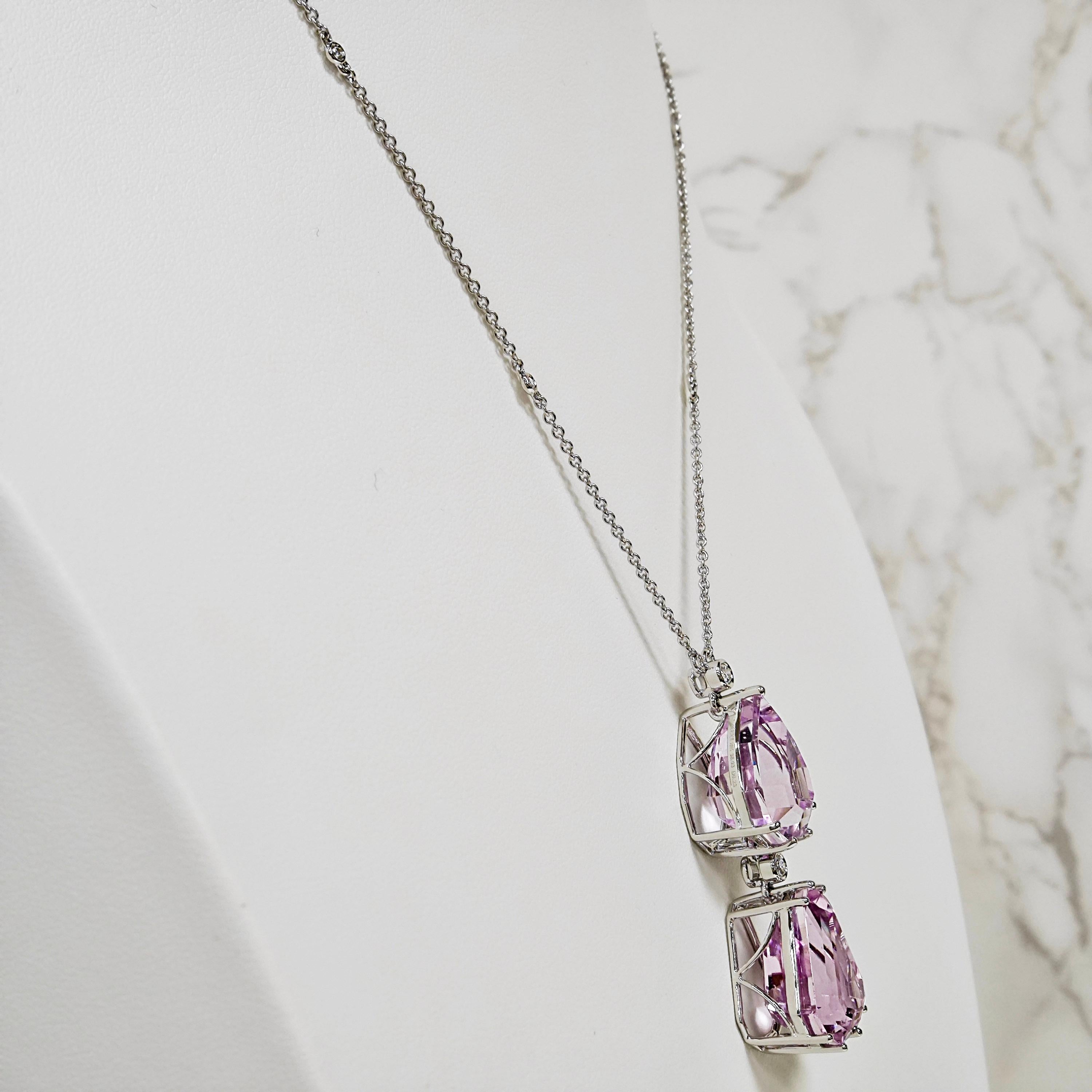 Mixed Cut 45.48 Carats Kunzite and Diamond White Gold Necklace For Sale