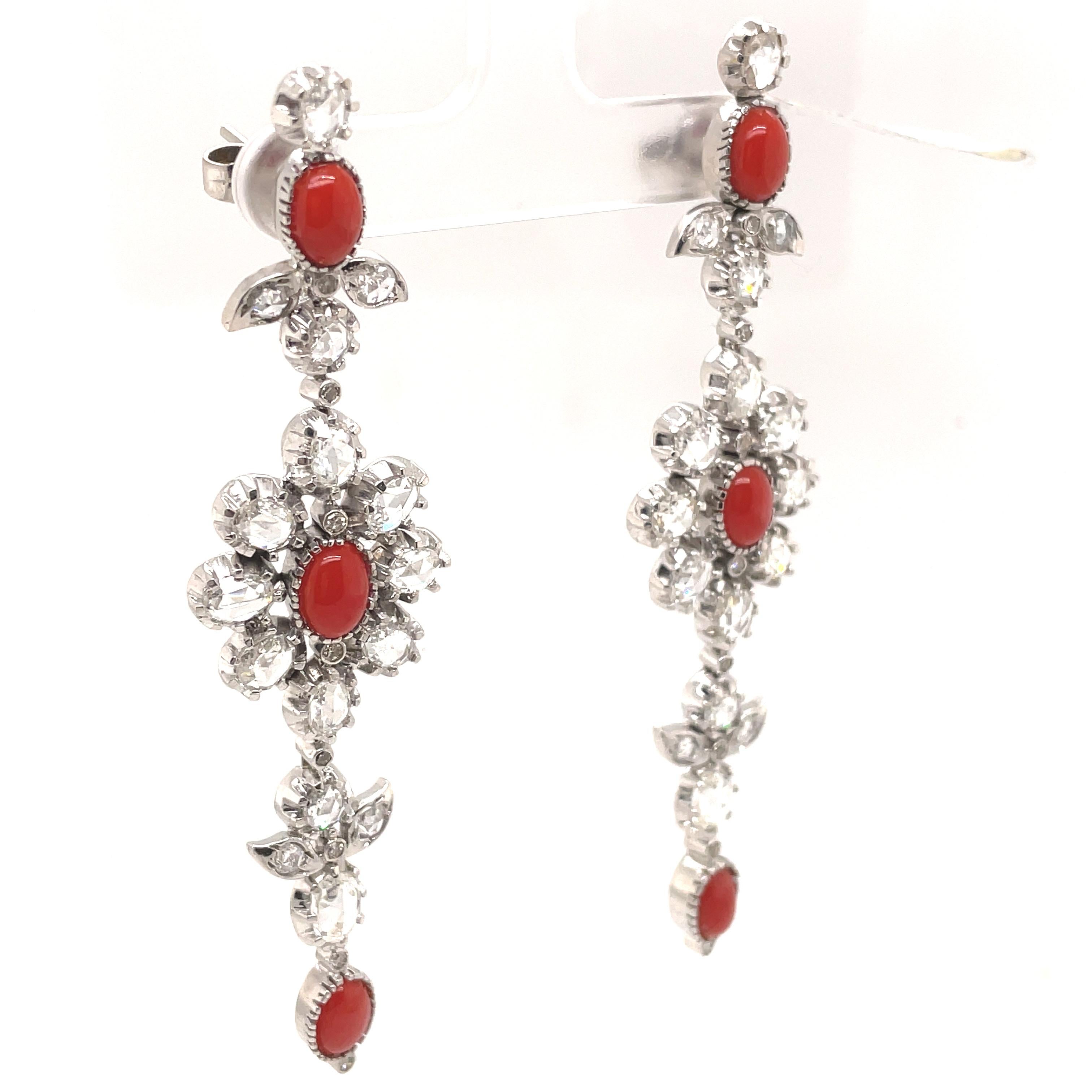 Contemporary 4.54ct Rose Cut Diamond and Coral Chandelier Earrings 18k White Gold For Sale