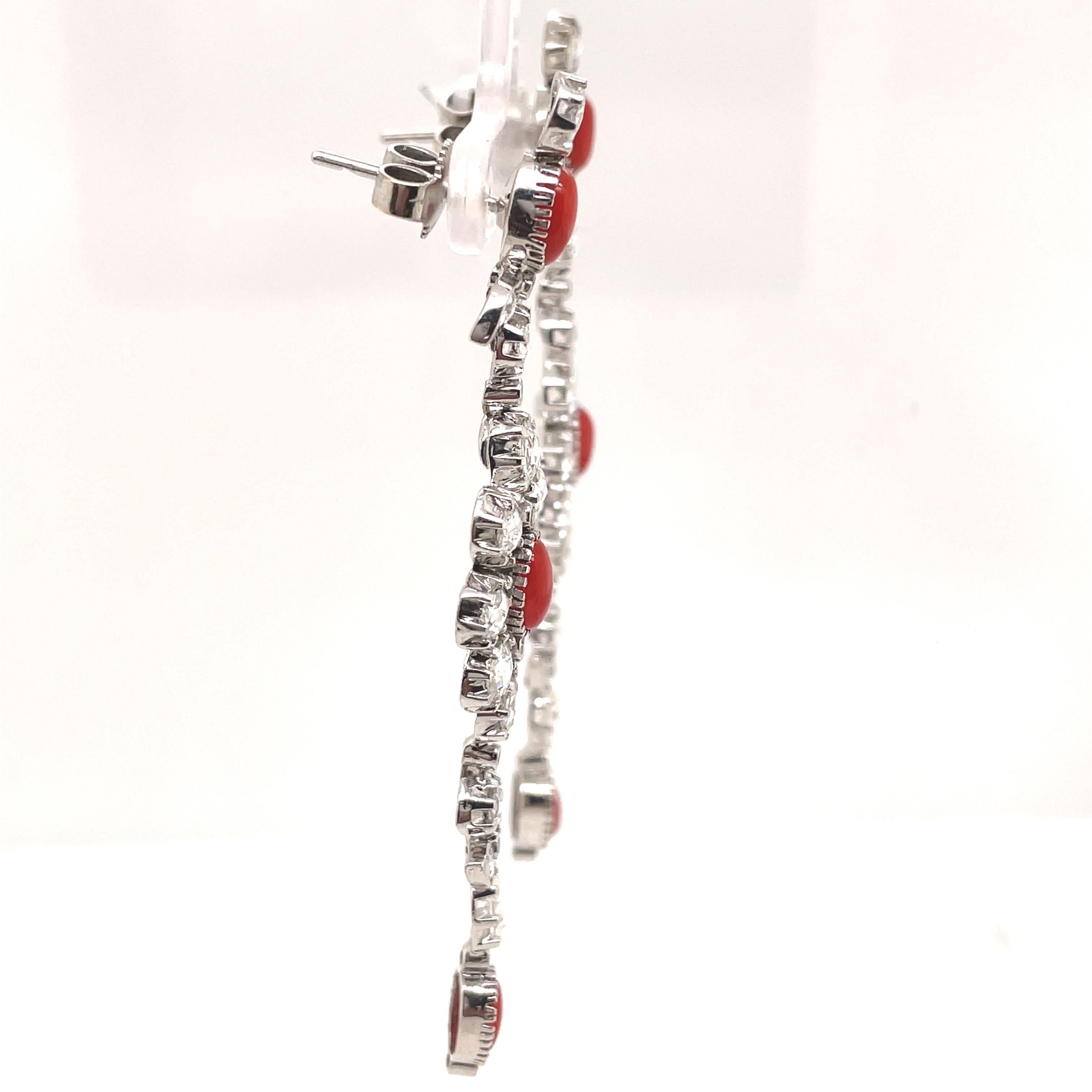 4.54ct Rose Cut Diamond and Coral Chandelier Earrings 18k White Gold In New Condition For Sale In BEVERLY HILLS, CA