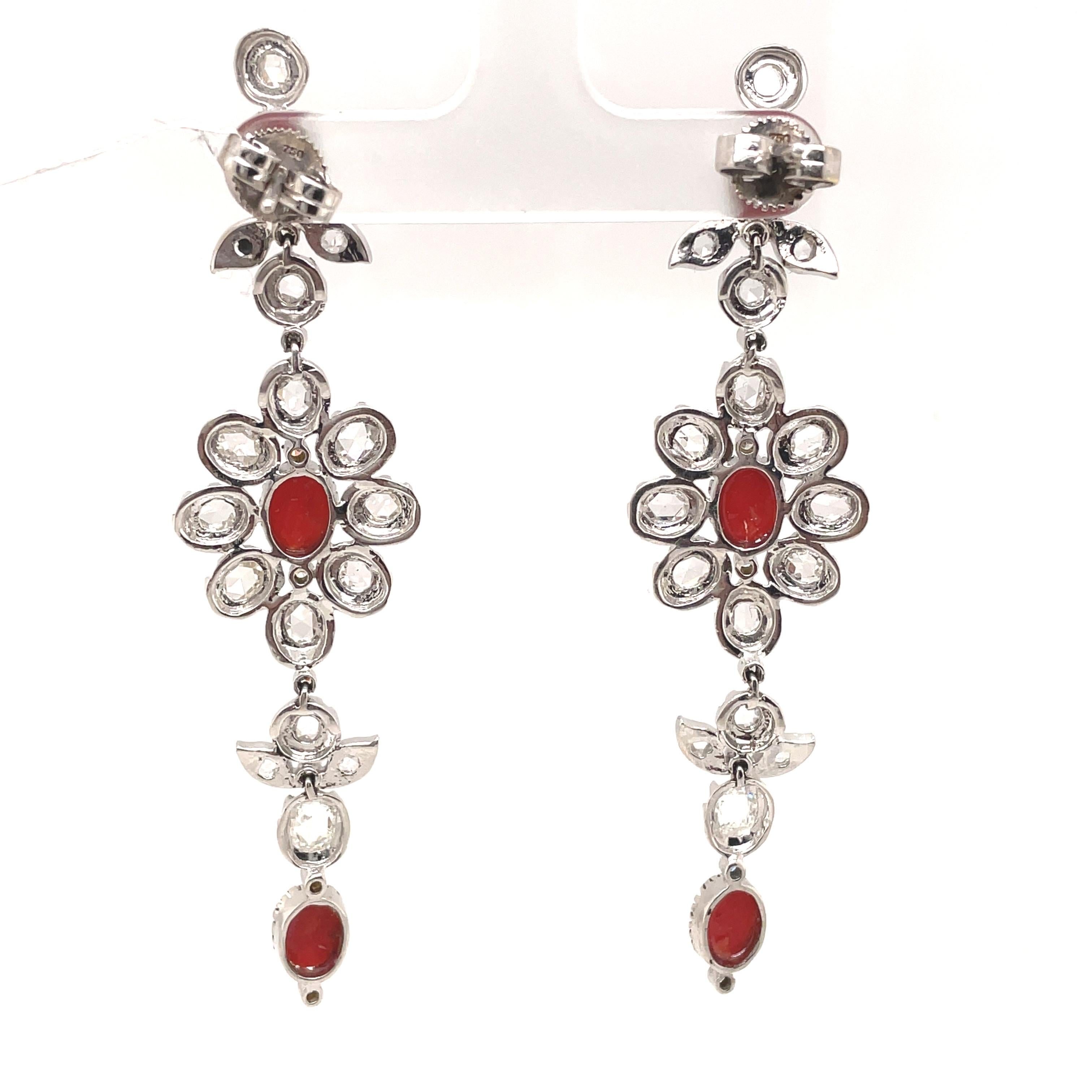 Women's 4.54ct Rose Cut Diamond and Coral Chandelier Earrings 18k White Gold For Sale