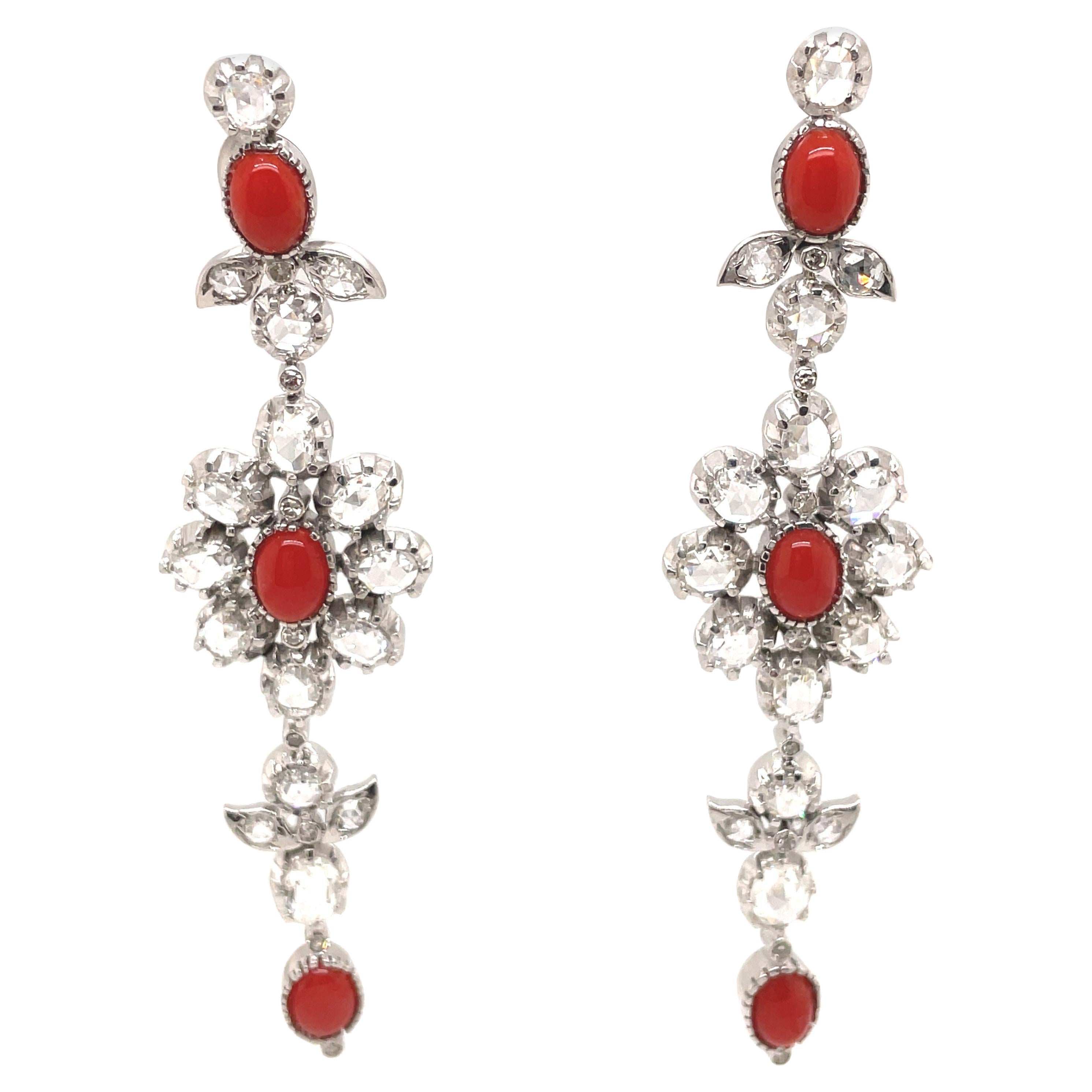 Pendientes araña de coral y diamantes talla rosa de 4,54 ct Oro blanco 18k en venta