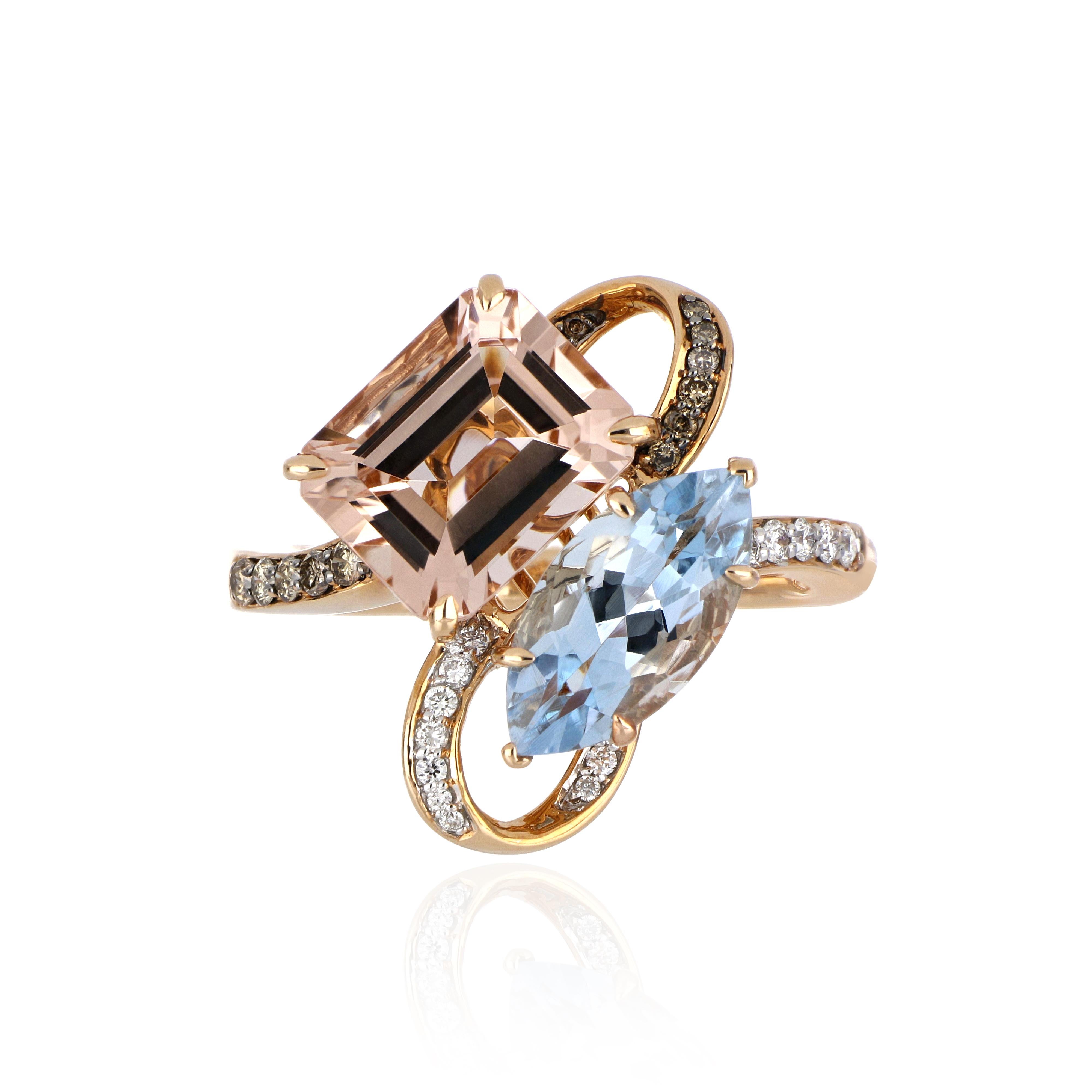 Elegant and exquisitely detailed Cocktail 18K Ring, centre set with 2.90 Ct Octagon Morganite and 1.64 Ct Marquise Aquamarine, surrounded by and enhanced on shank with micro pave white and chocolate Diamonds, weighing approx. 0.21 total carat