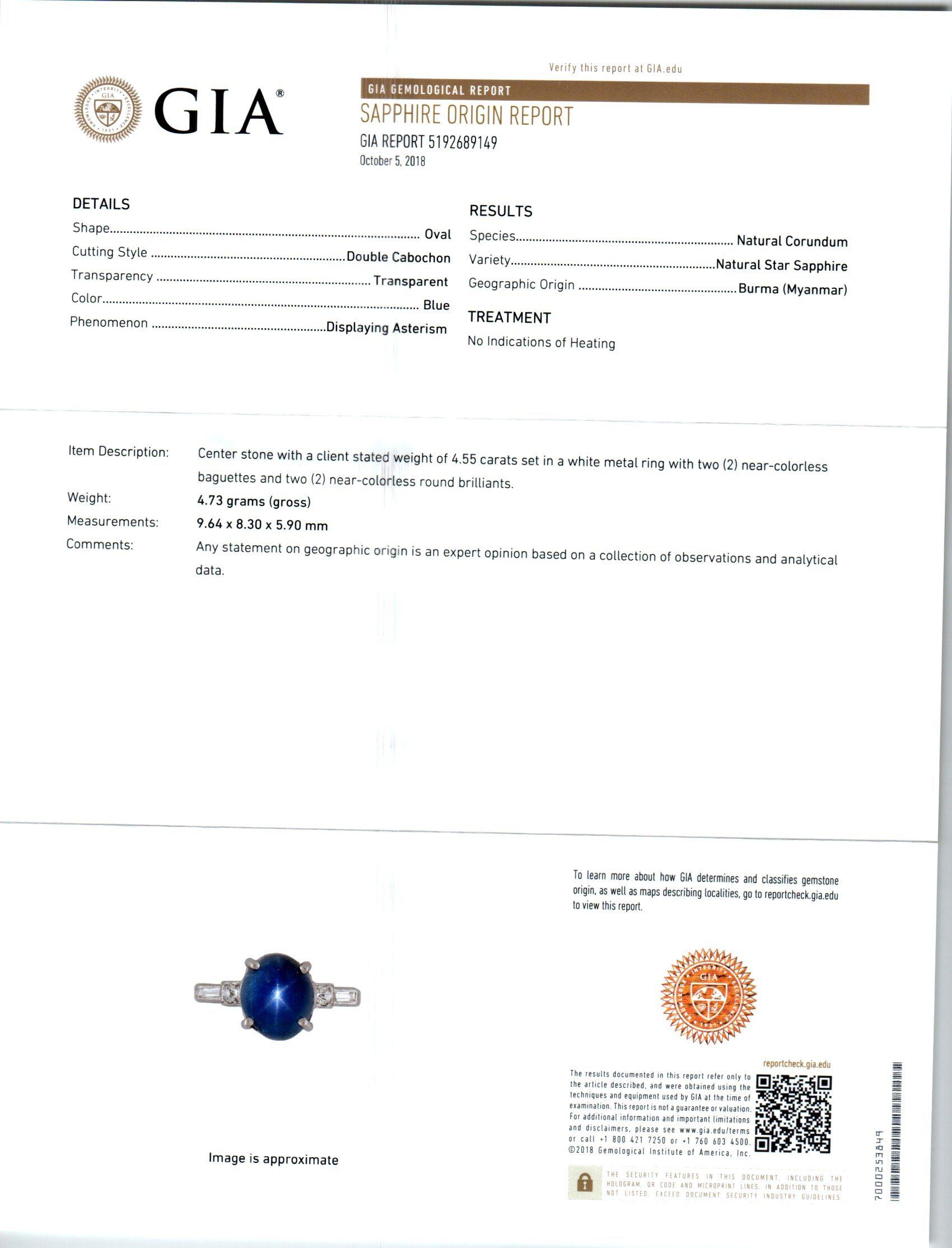 4.55 Carat Burma Star Sapphire Diamond Platinum Engagement Ring 1