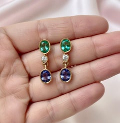 4.55 Carat Colombian Emerald Tanzanite and Diamond Dangle Earrings 18 Karat