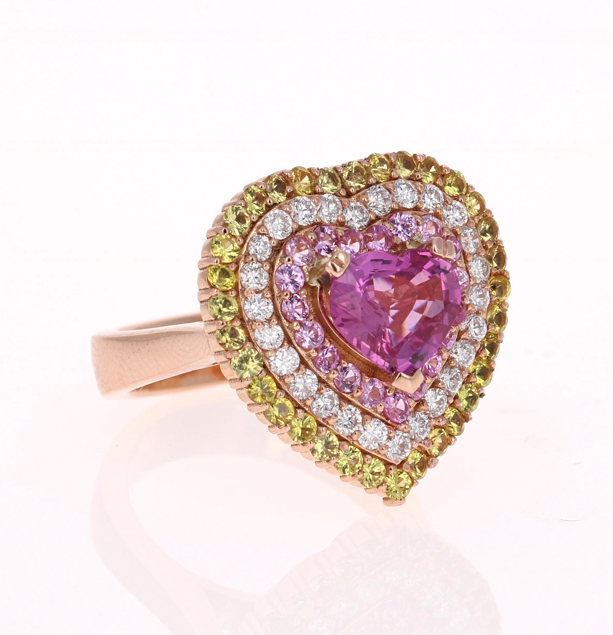 The most gorgeous, unique, & extravagant Cocktail Ring! 

This beautiful ring has a Heart Cut Pink Sapphire that weights 2.33 Carats. It is completely natural and has been heat treated as most Sapphires are according to industry standards. The GIA