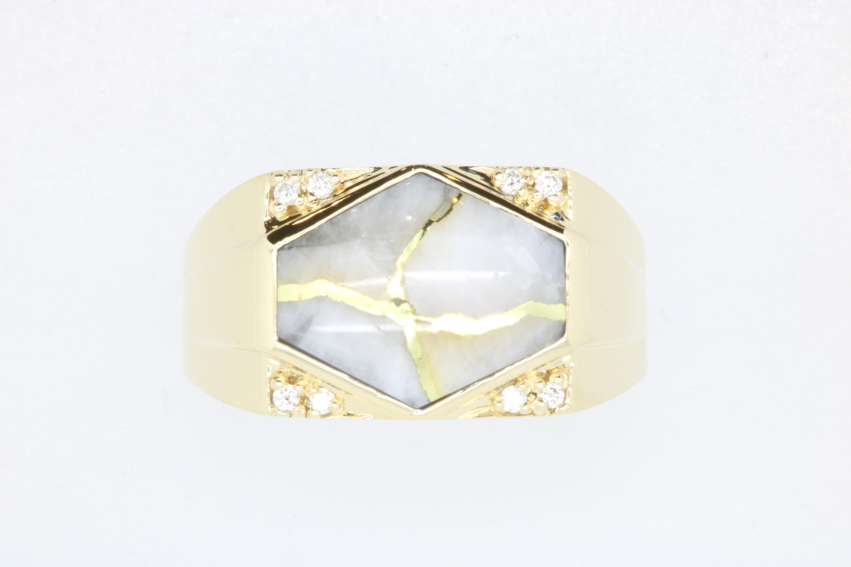 This unique Gold in Quartz stone weighs in at 4.55 carats. Set in a 14k Yellow Gold with 8 white diamonds, this unique Hexagon shaped stone is a guaranteed show stopper!

Material: 14k Yellow Gold
Gemstones: 1 Hexagon Gold in Quartz at 4.55