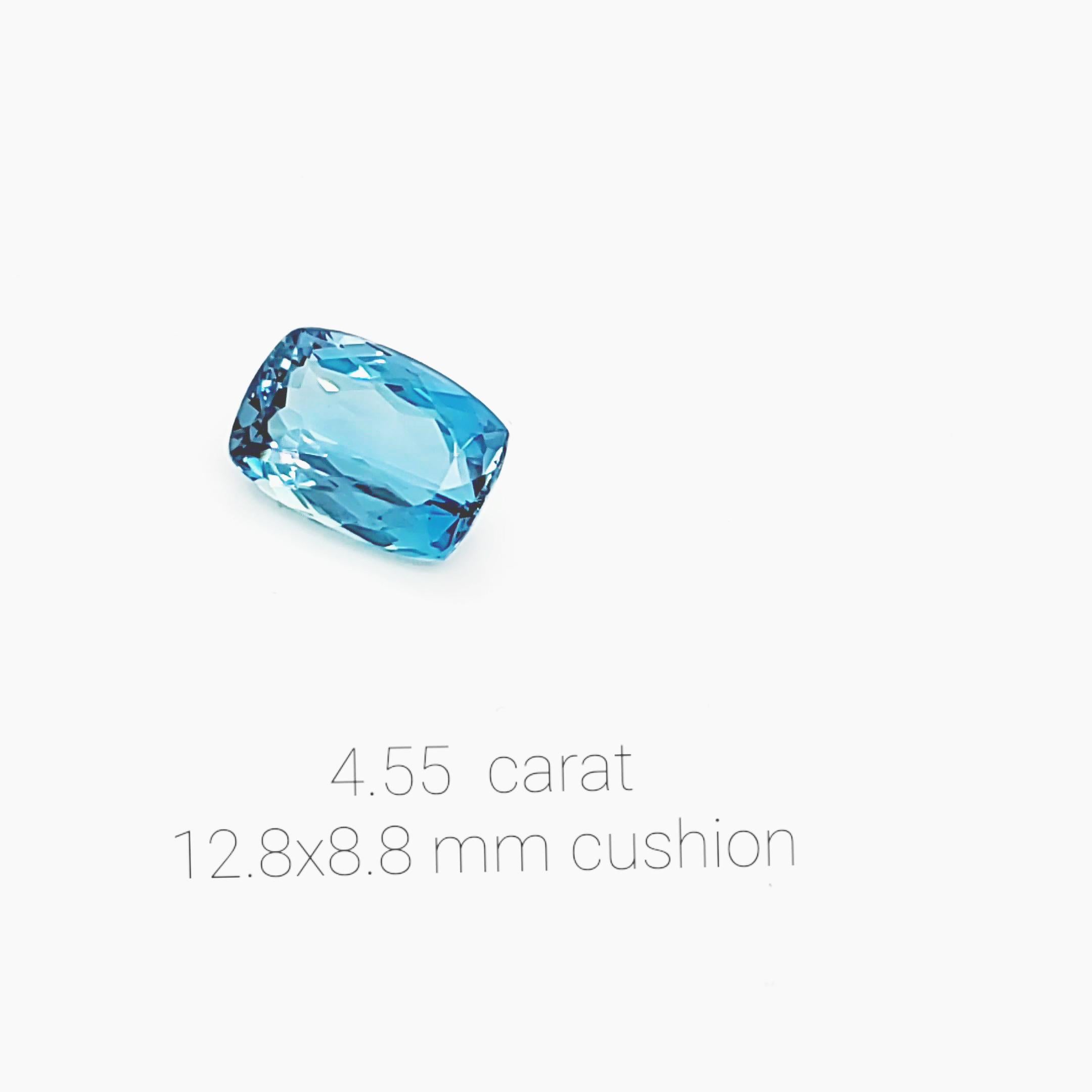 4.55 carat Natural Blue Cushion Aquamarine gemstone, of a high quality intense blue, transparent mineral with no inclusions, perfect choice for collectors or to commission a custom, unique piece of jewelry with it.
We are master jewelers with a vast