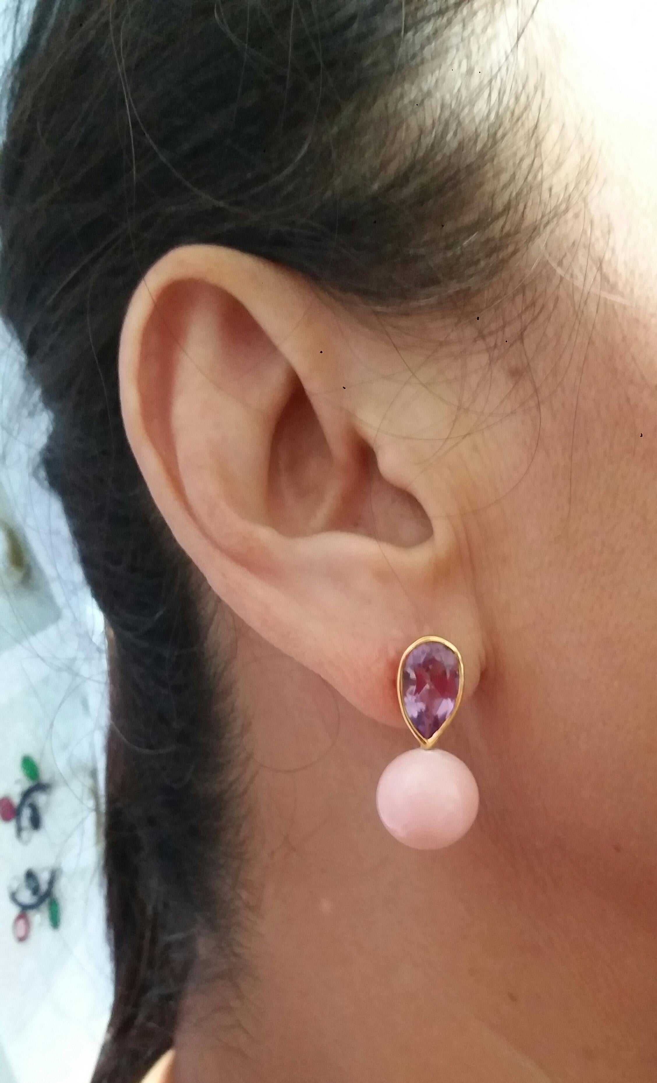 4.55 Carat Pear Shape Amethysts Gold Bezel Pink Opal Round Beads Stud Earrings For Sale 8