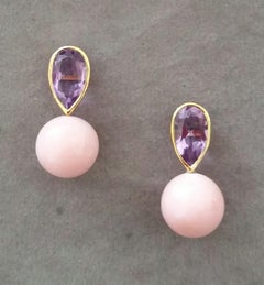 4.55 Carat Pear Shape Amethysts Gold Bezel Pink Opal Round Beads Stud Earrings